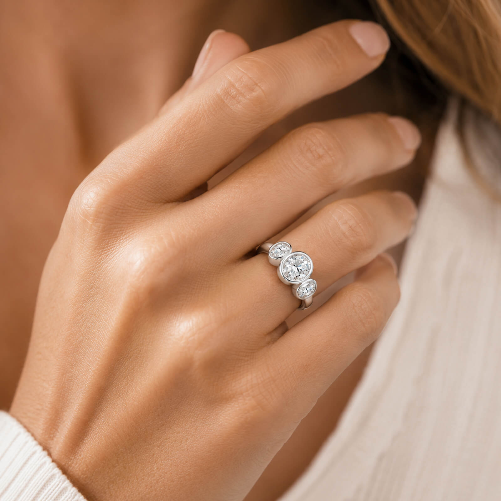 MARDAZA Bezel Set Three-Stone Oval Cut Moissanite Sterling Silver Ring