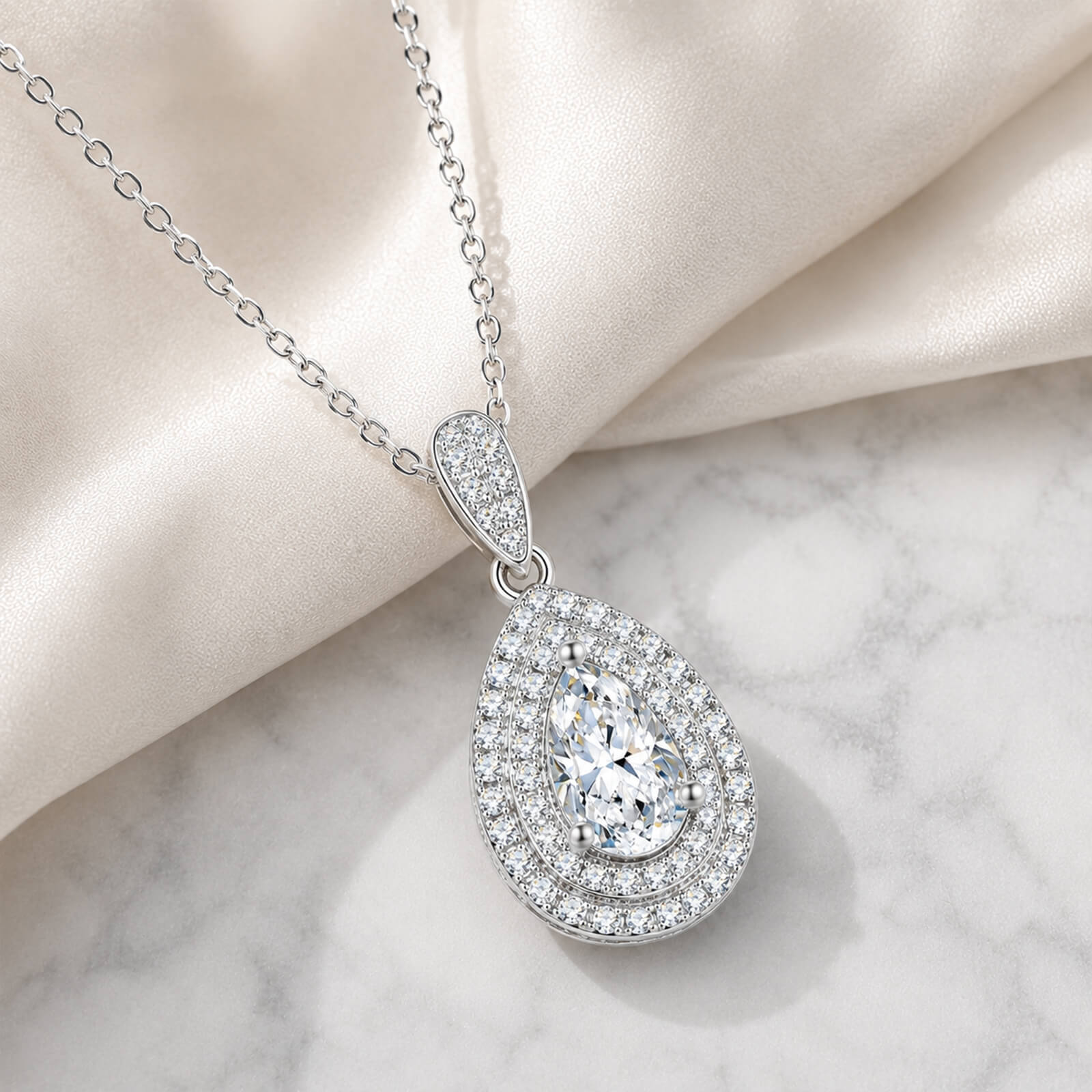 MARDAZA Celeste Pear Cut Moissanite Double Halo Sterling Silver Necklace