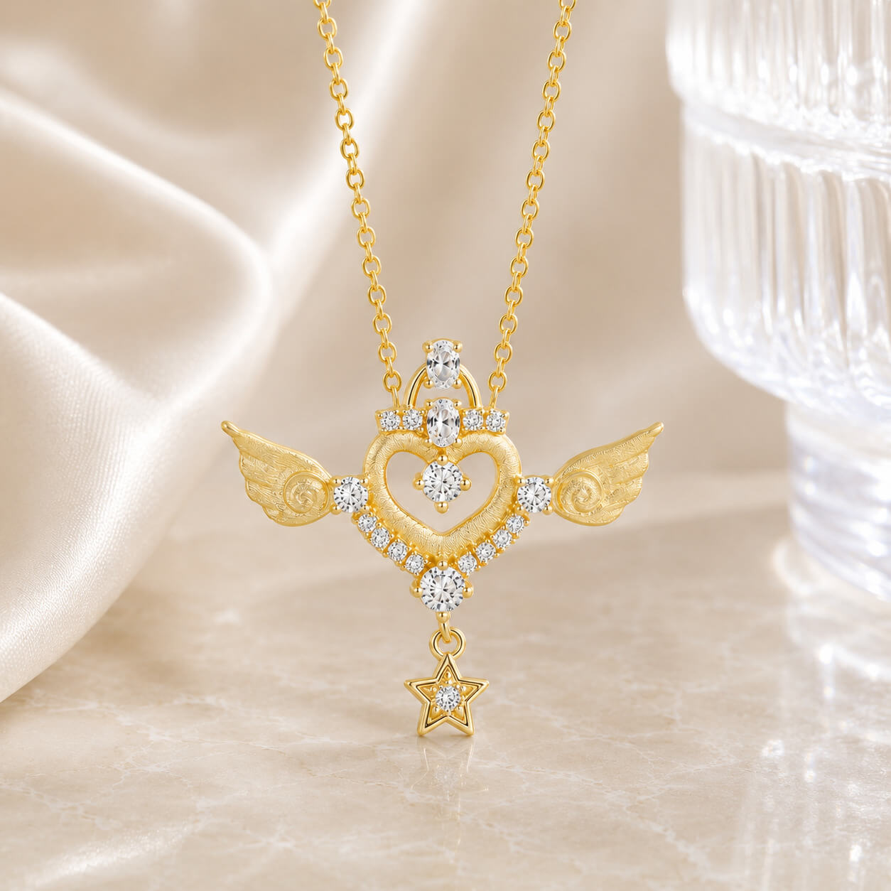 MARDAZA Satin Angel Wing Heart Star Drop Moissanite Silver Necklace