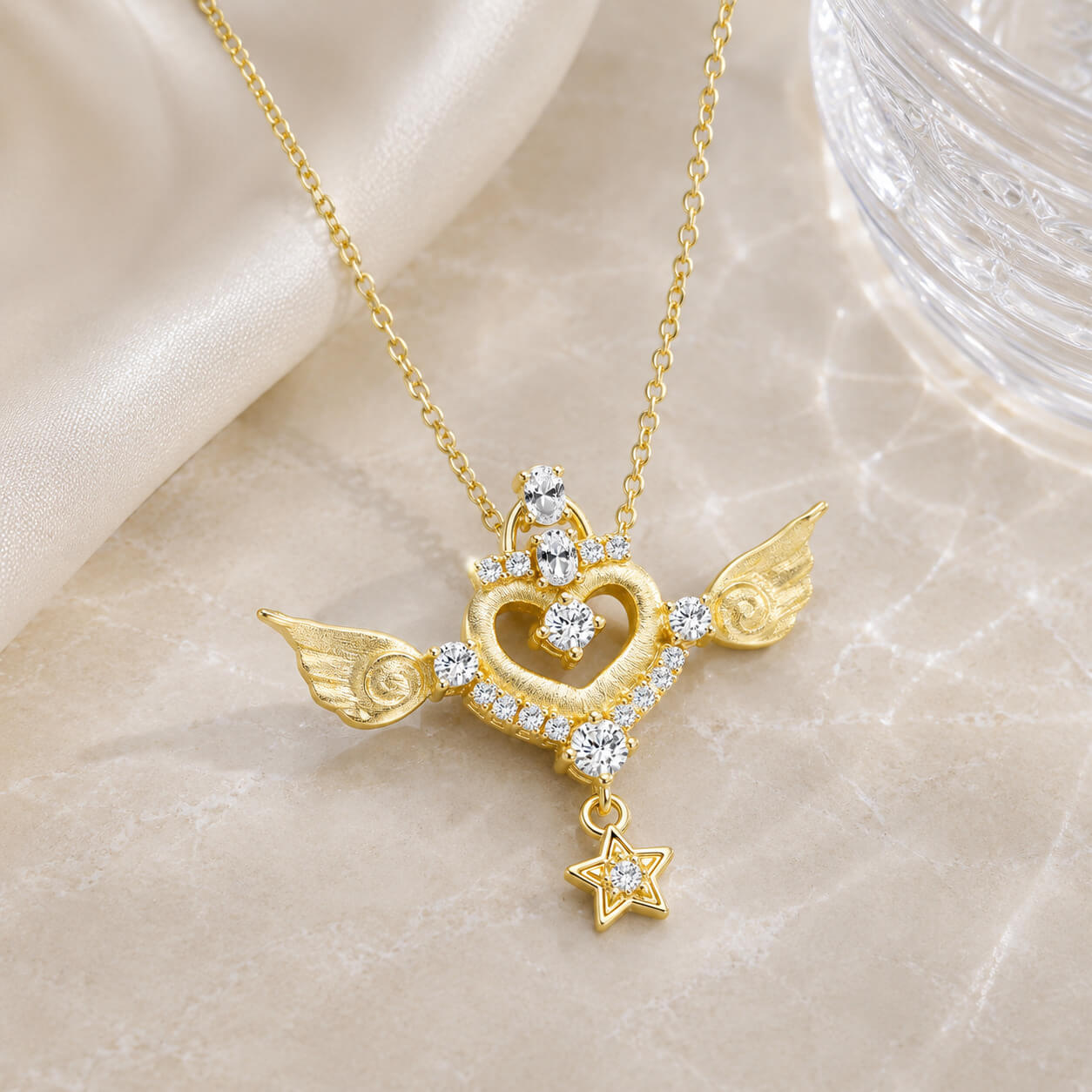 MARDAZA Satin Angel Wing Heart Star Drop Moissanite Silver Necklace