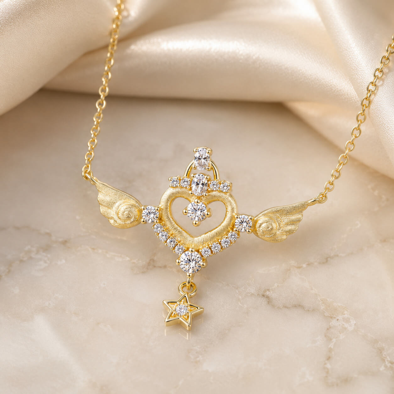 MARDAZA Satin Angel Wing Heart Star Drop Moissanite Silver Necklace