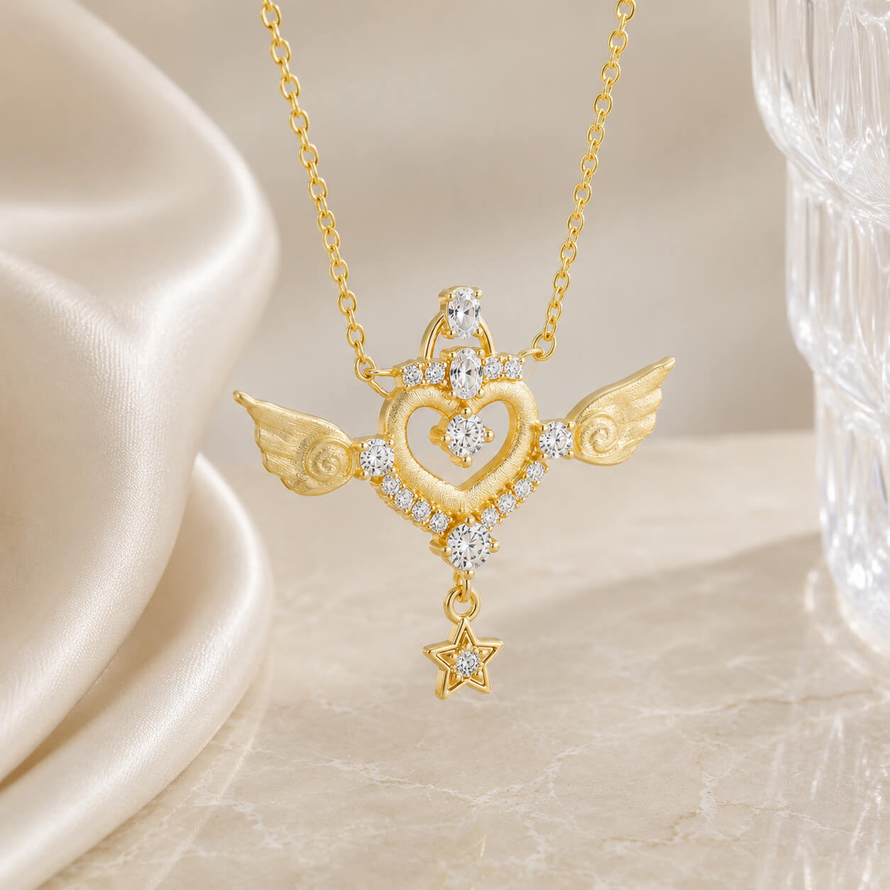 MARDAZA Satin Angel Wing Heart Star Drop Moissanite Silver Necklace