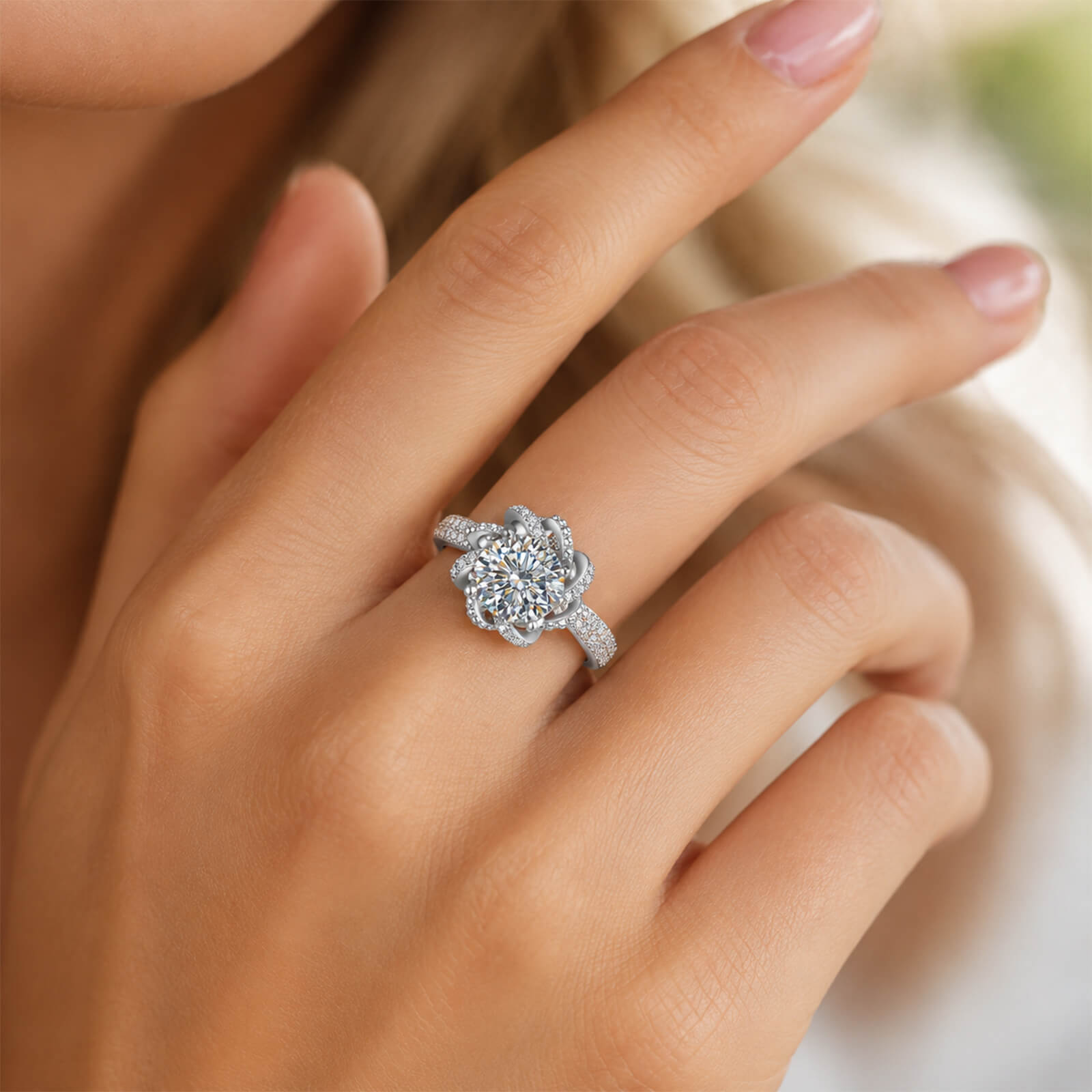 MARDAZA Blooming Rose Round Cut Sterling Silver Moissanite Ring
