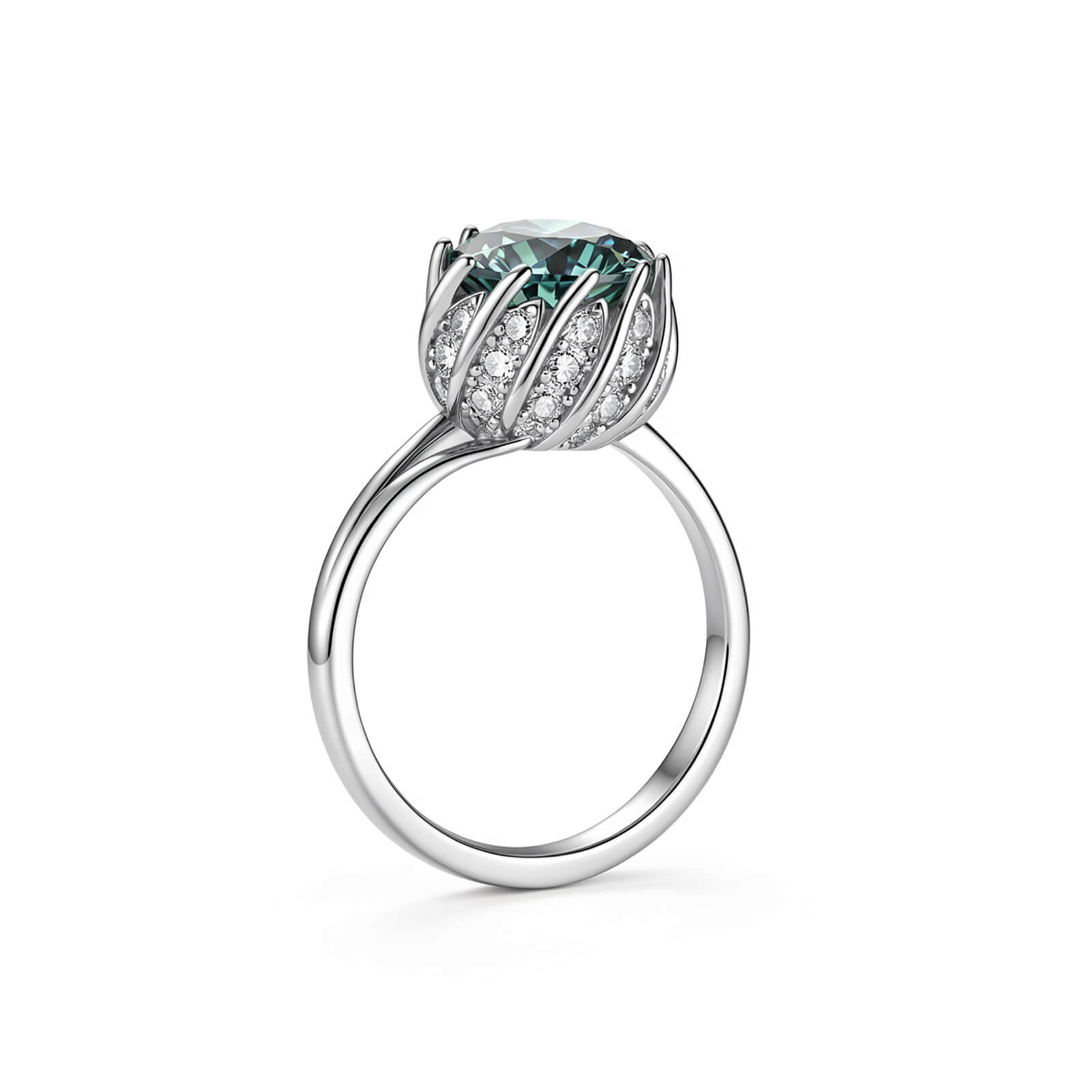 MARDAZA Split Shank Lotus Round Cut Moissanite Sterling Silver Ring