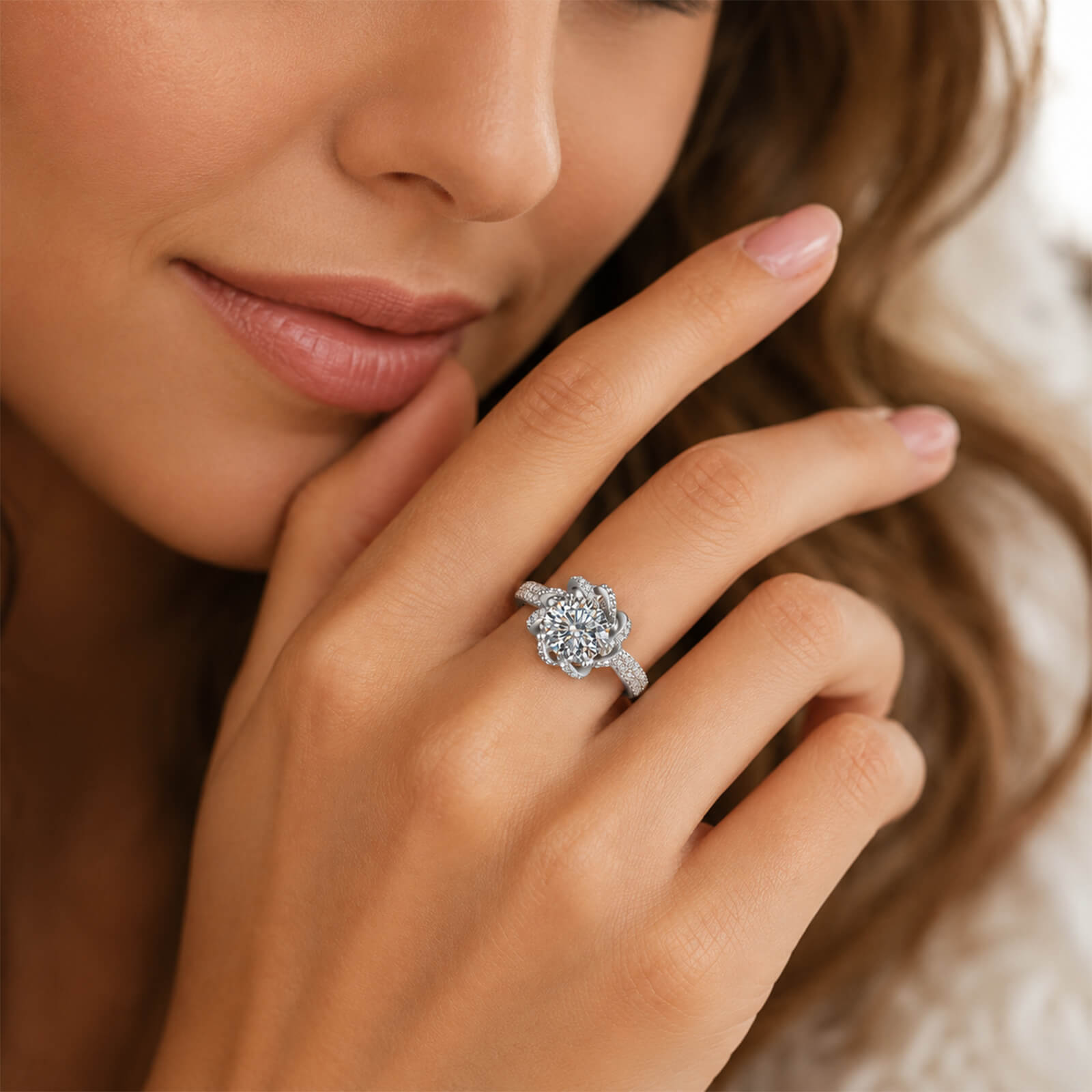 MARDAZA Blooming Rose Round Cut Sterling Silver Moissanite Ring