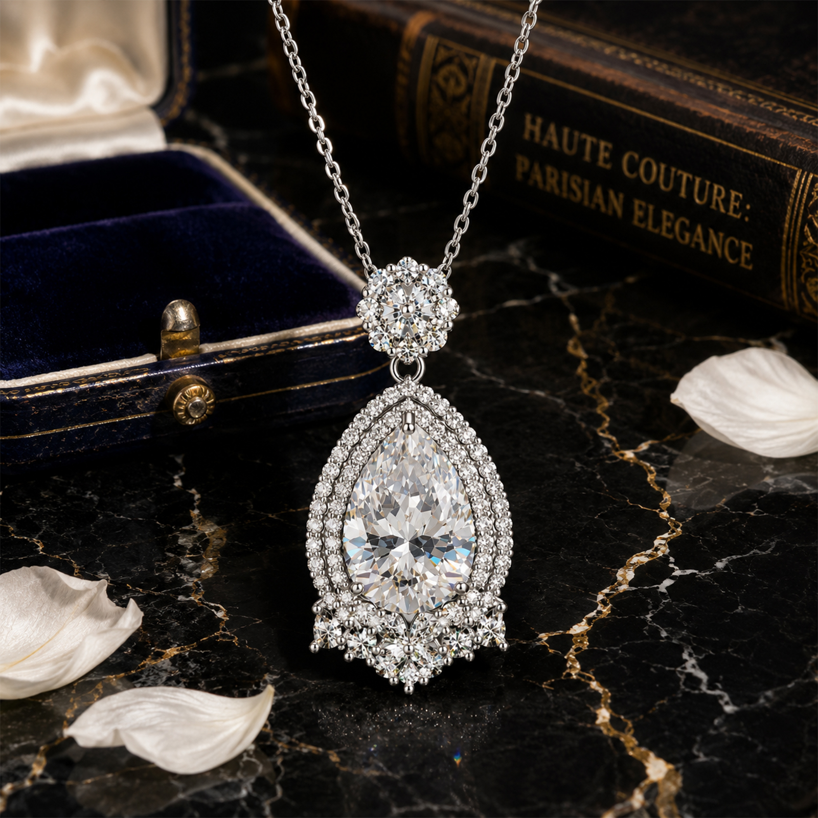 MARDAZA Celeste Bloom Pear Cut Moissanite Double Halo Sterling Silver Necklace