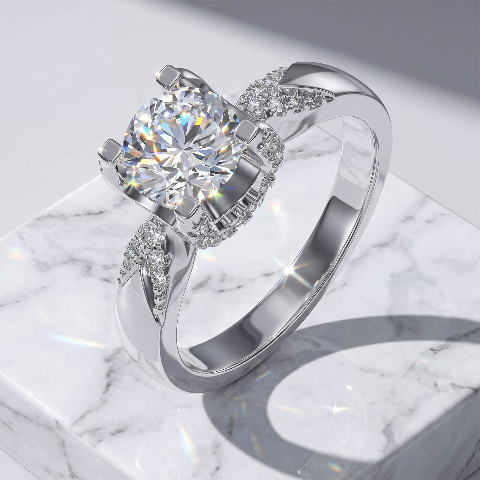 MARDAZA Royal Crown Round Cut Sterling Silver Moissanite Ring