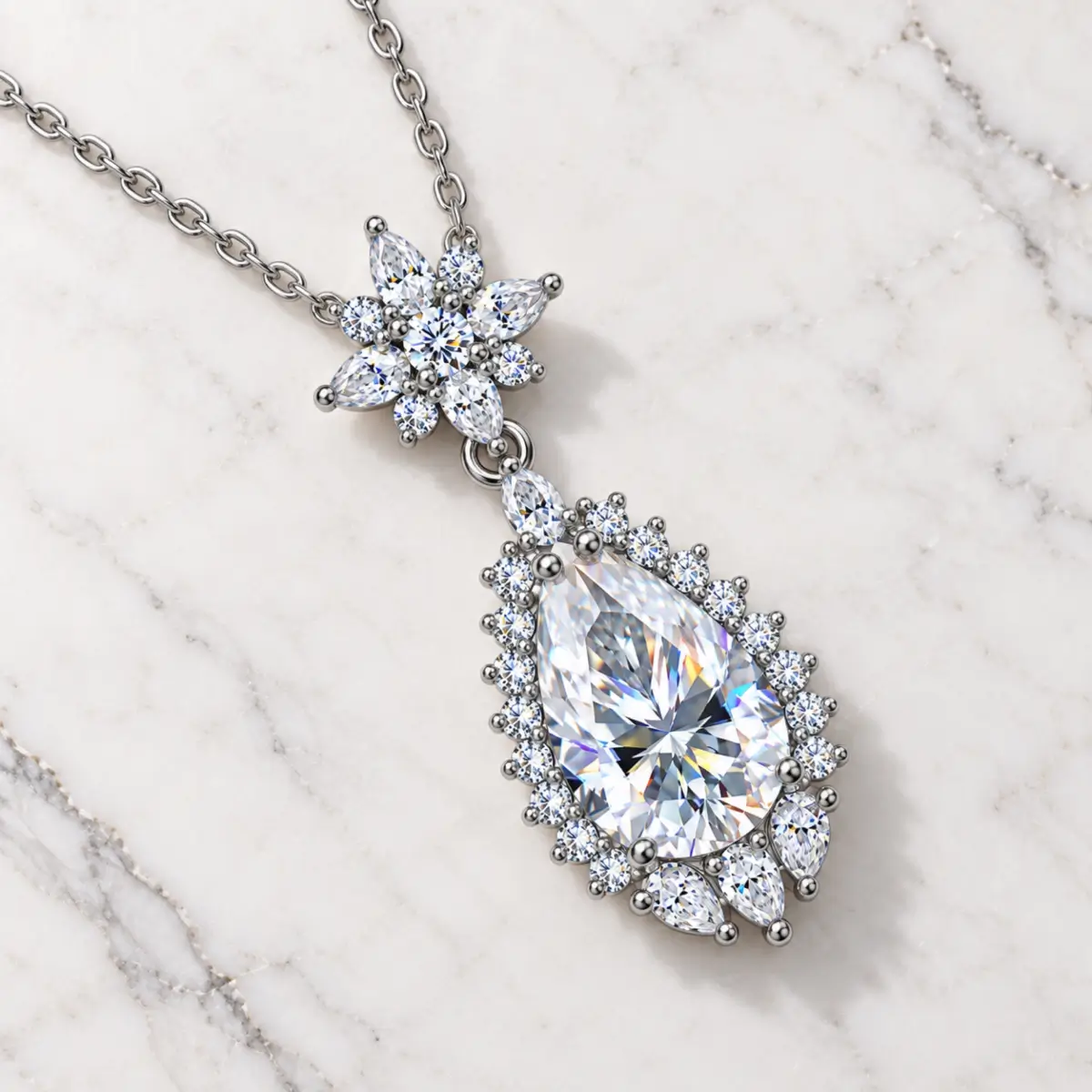 MARDAZA Floral Teardrop Pear Cut Sterling Silver Moissanite Necklace