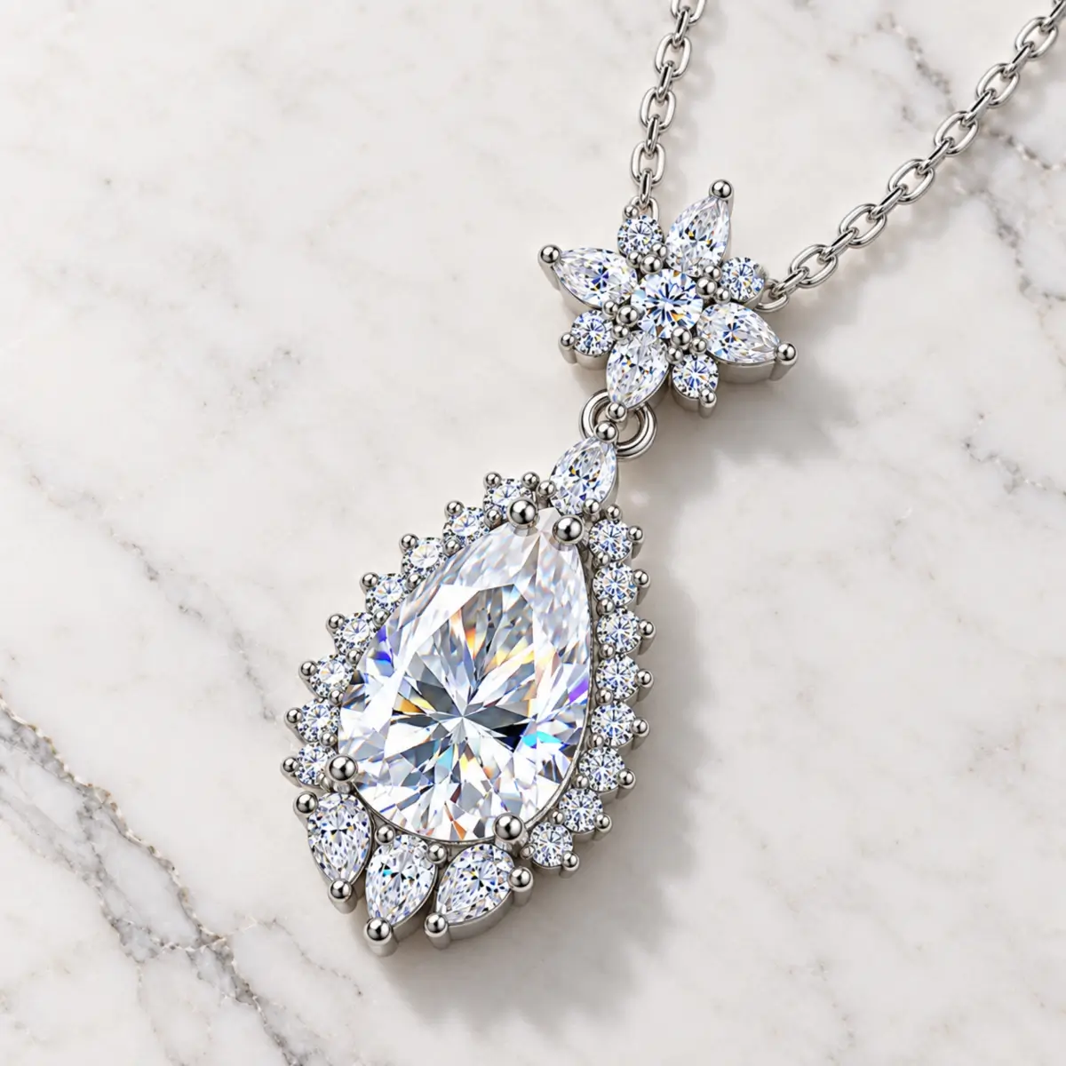MARDAZA Floral Teardrop Pear Cut Sterling Silver Moissanite Necklace