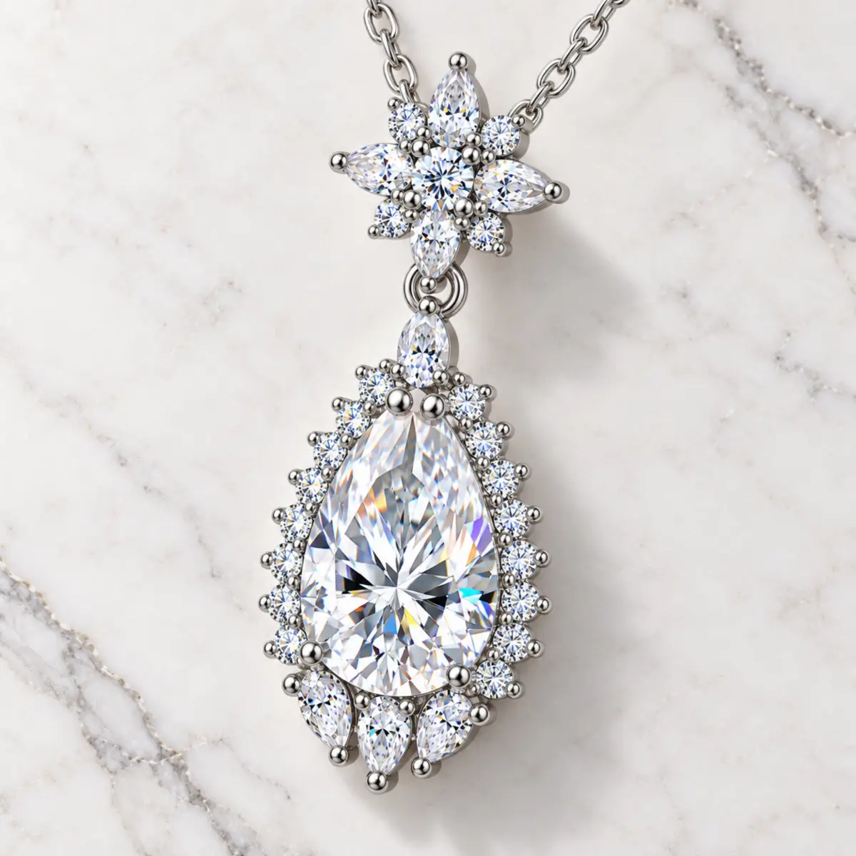 MARDAZA Floral Teardrop Pear Cut Sterling Silver Moissanite Necklace