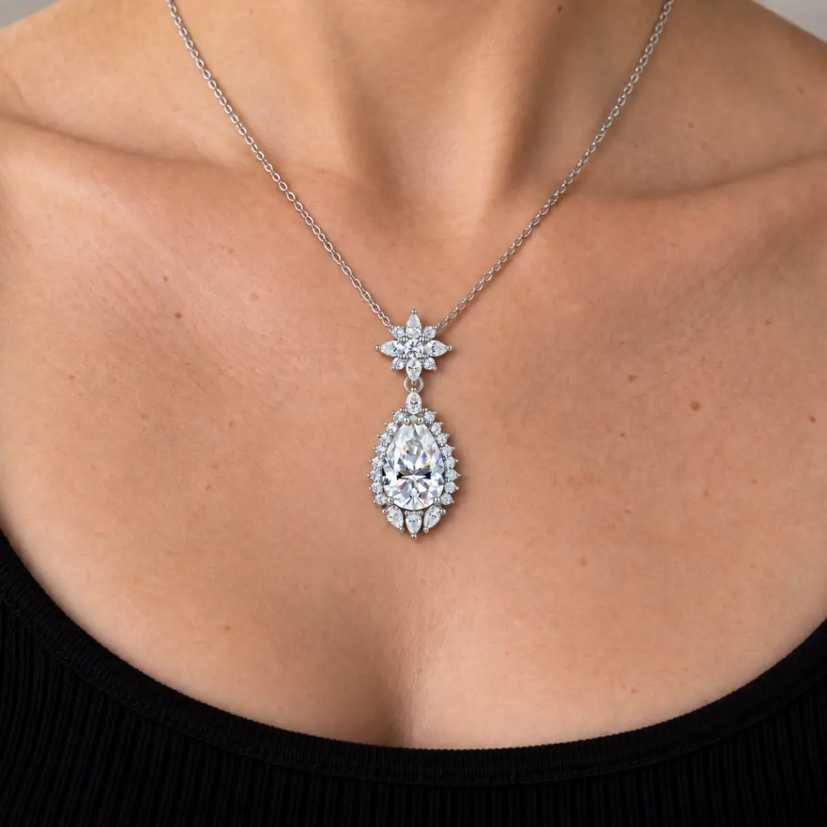 MARDAZA Floral Teardrop Pear Cut Sterling Silver Moissanite Necklace
