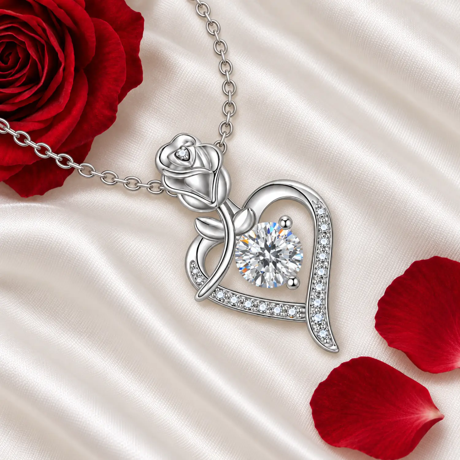 MARDAZA Rose Heart Round Cut Sterling Silver Moissanite Necklace