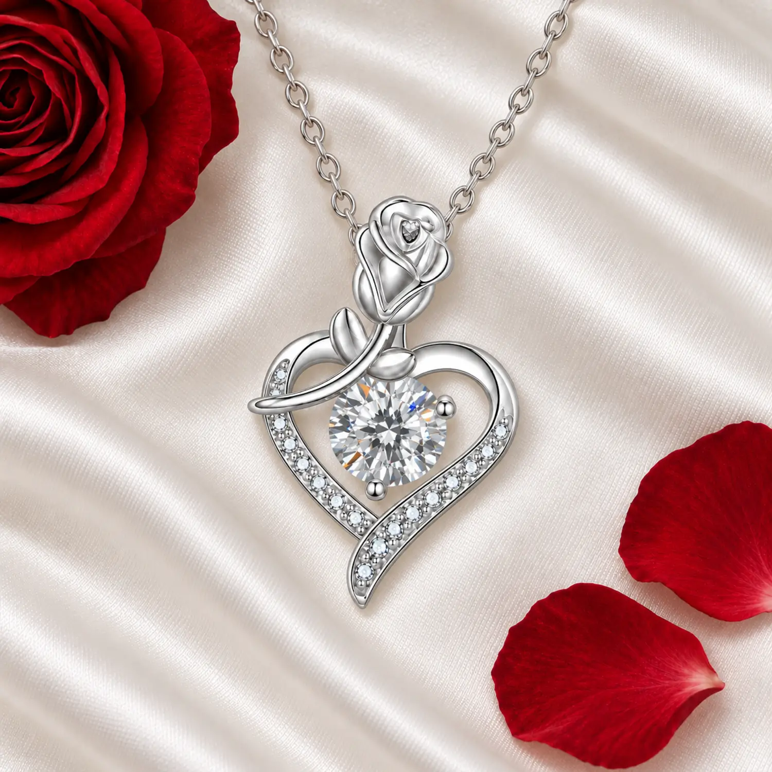 MARDAZA Rose Heart Round Cut Sterling Silver Moissanite Necklace
