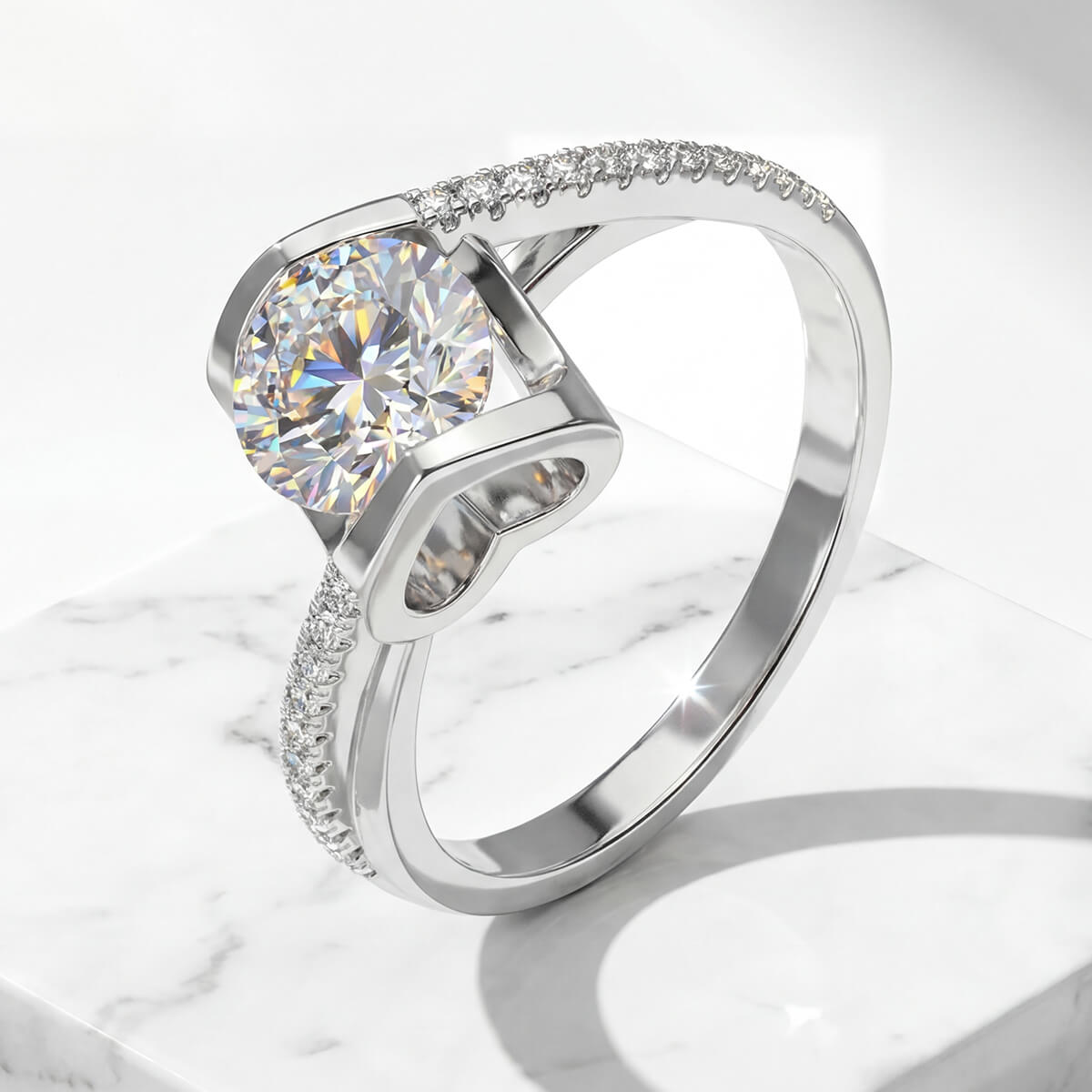 MARDAZA Sweetheart Round Cut Sterling Silver Moissanite Ring