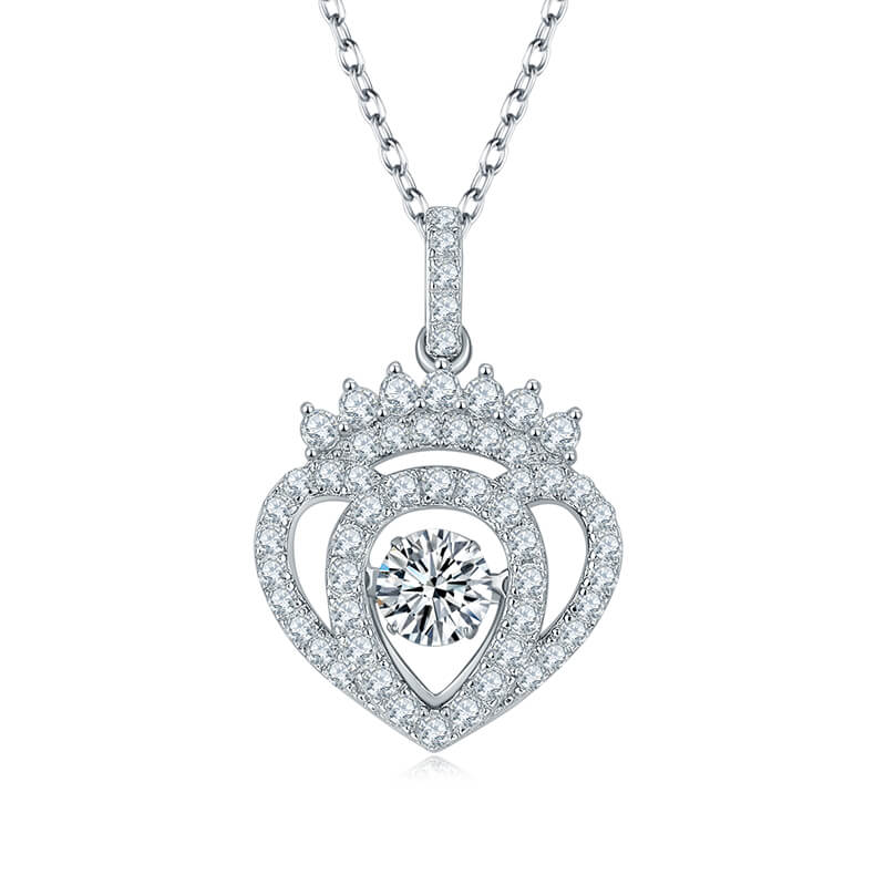 MARDAZA Dancing Crown Heart Round Cut Sterling Silver Moissanite Necklace