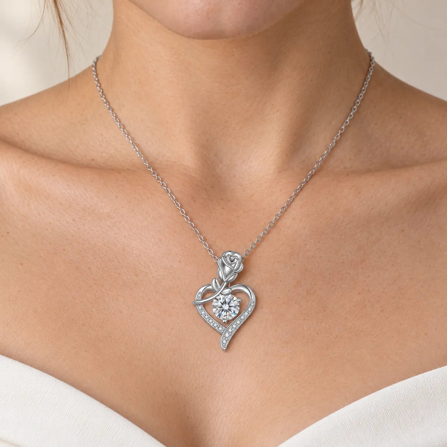 MARDAZA Rose Heart Round Cut Sterling Silver Moissanite Necklace