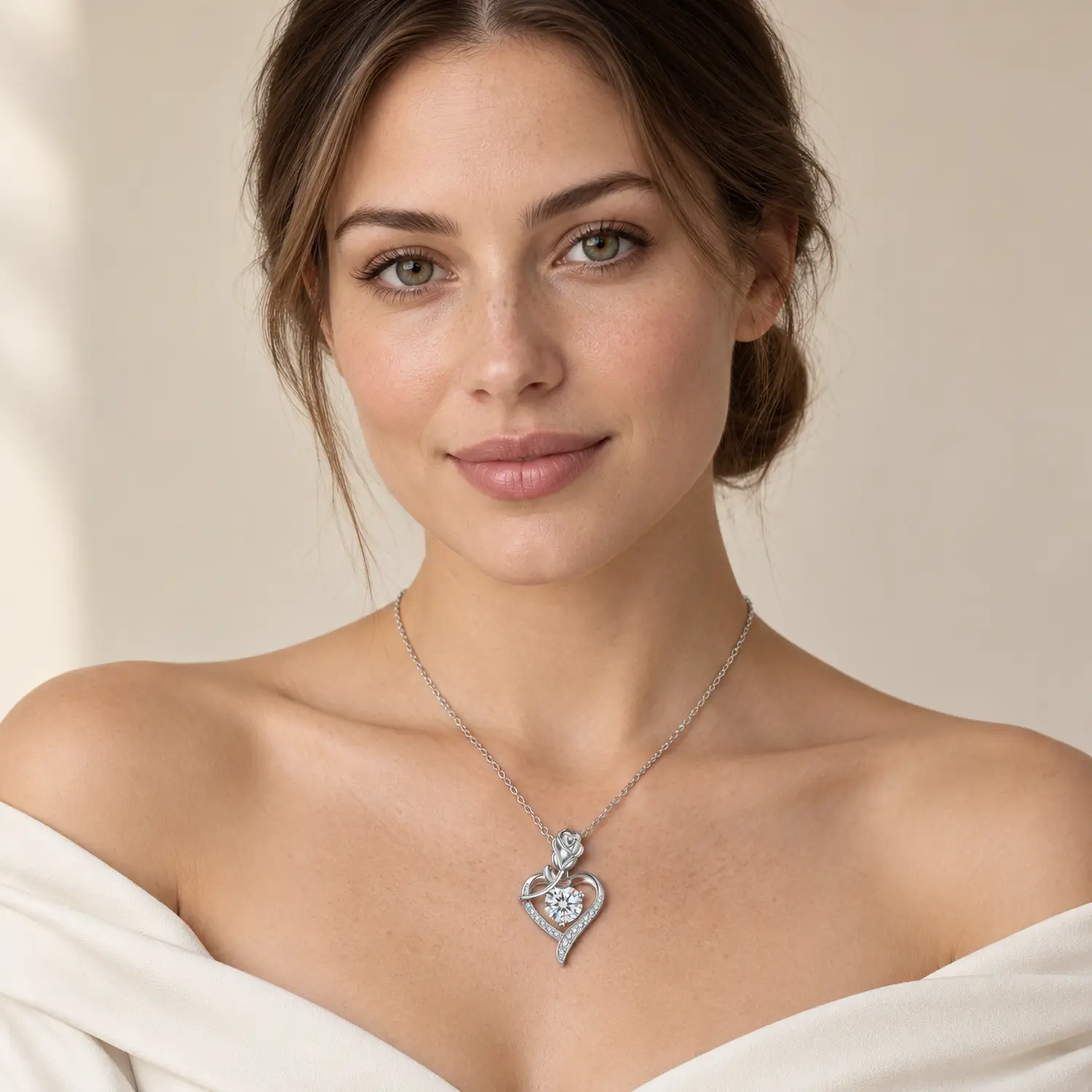 MARDAZA Rose Heart Round Cut Sterling Silver Moissanite Necklace