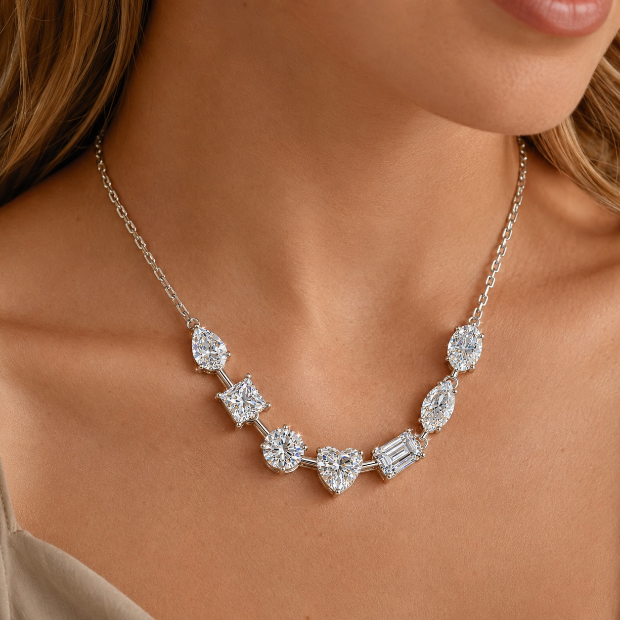 Multi Shape Moissanite Necklace in 925 Sterling Silver