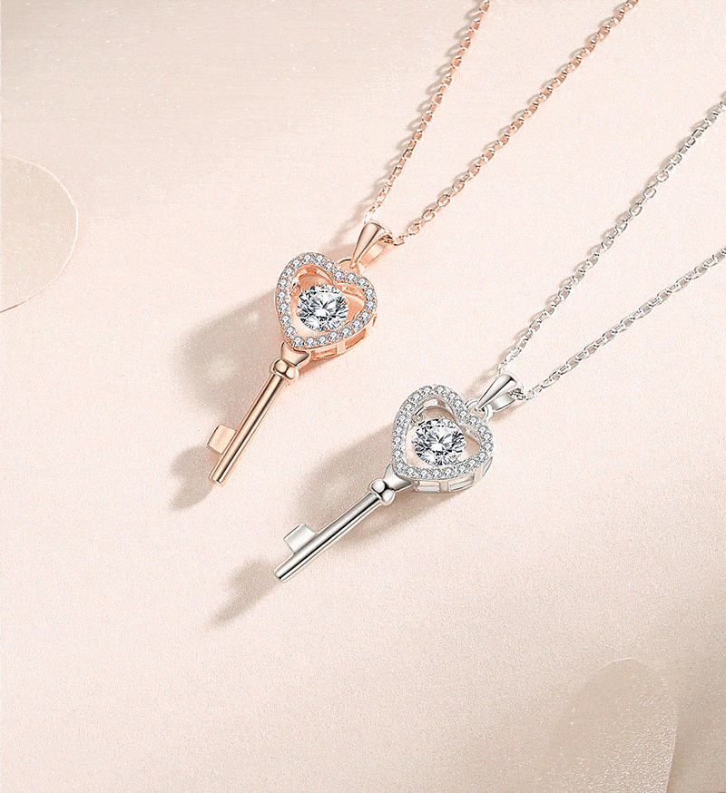MARDAZA Dancing Heart Key Round Cut Sterling Silver Moissanite Necklace