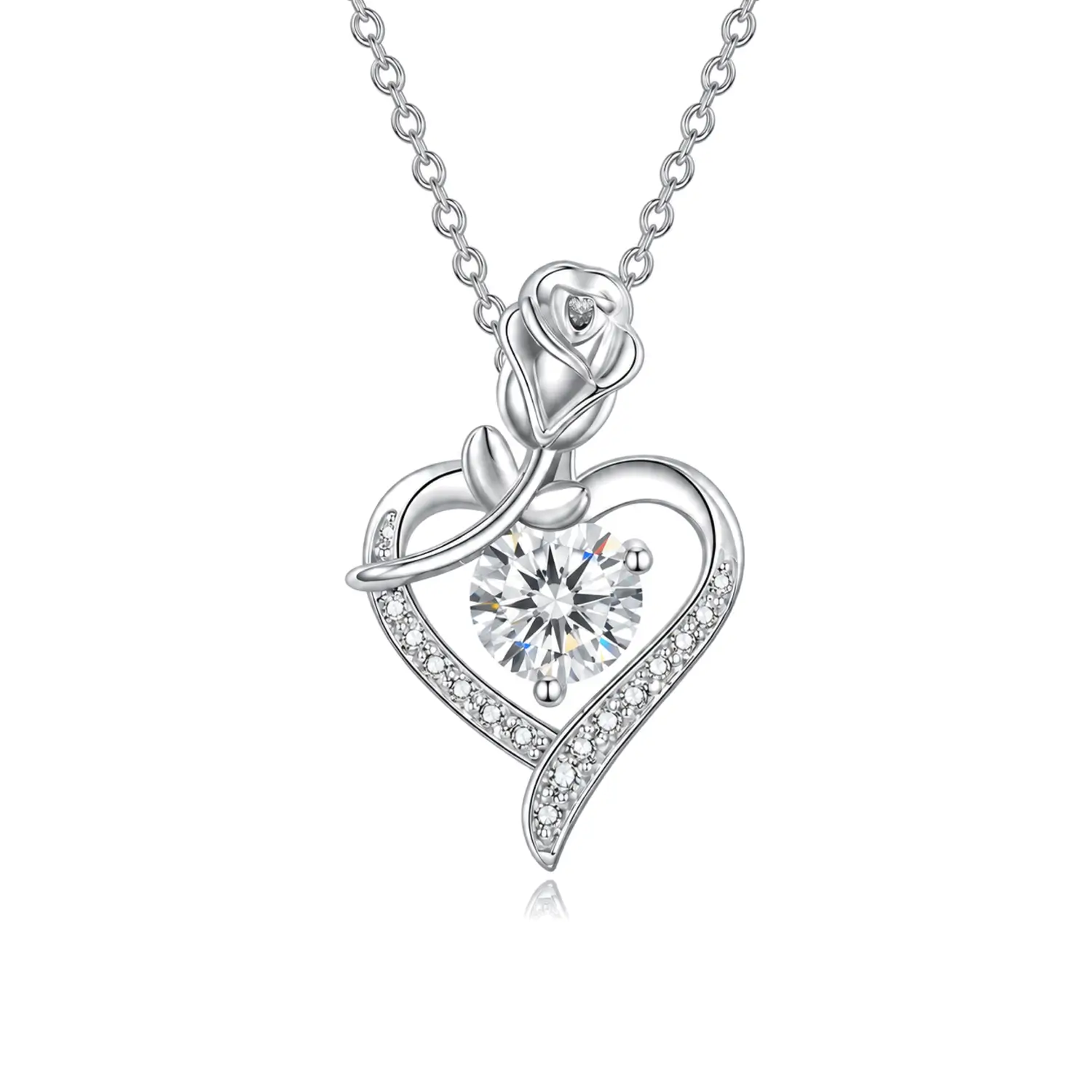 MARDAZA Rose Heart Round Cut Sterling Silver Moissanite Necklace