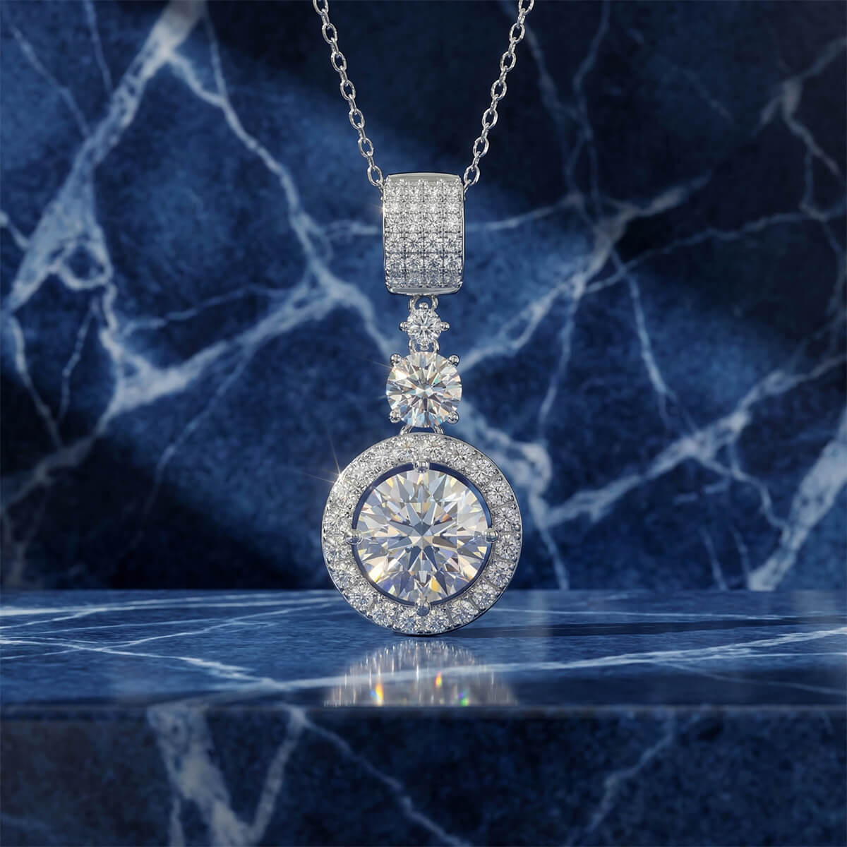 MARDAZA Triple Sparkle Round Cut Sterling Silver Moissanite Necklace