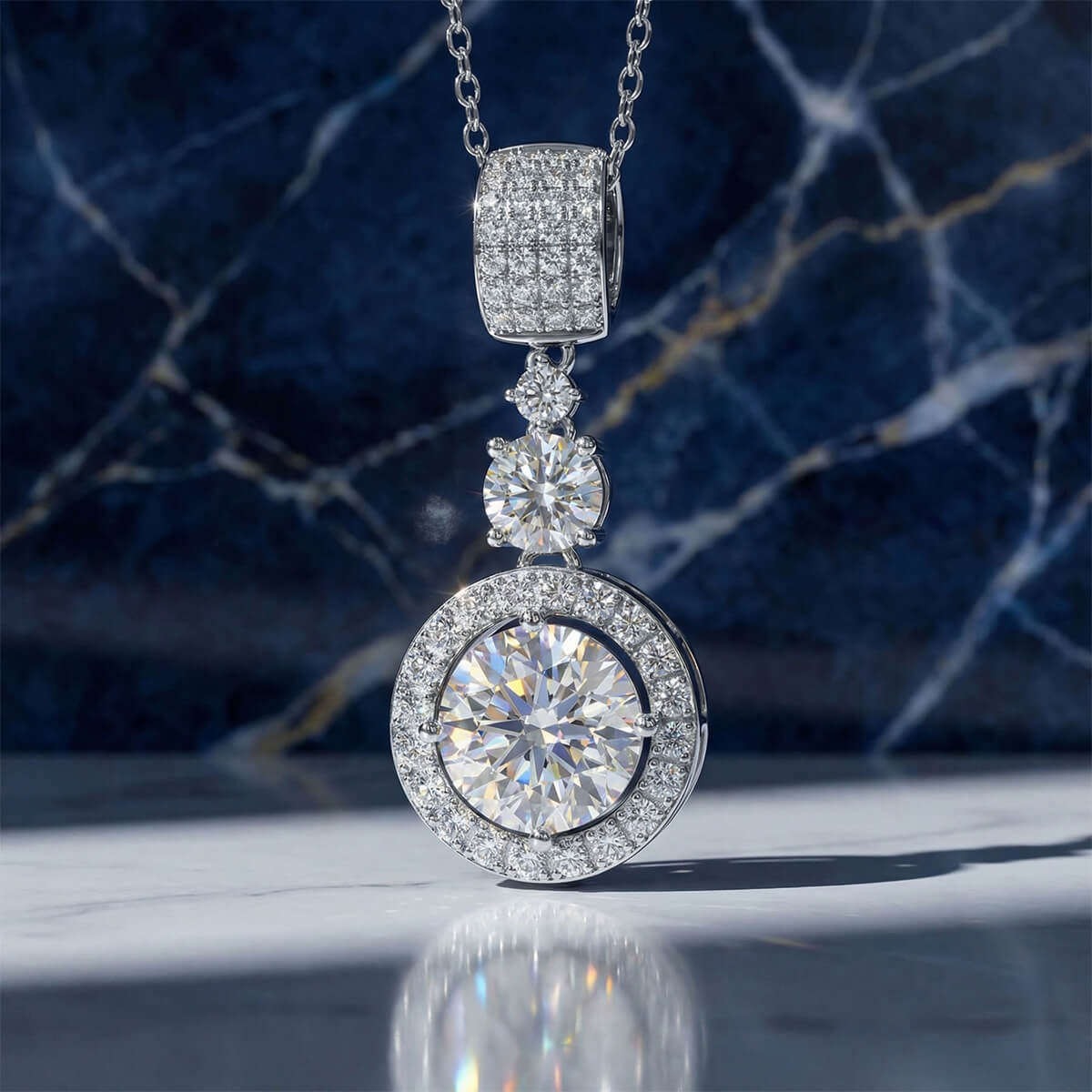 MARDAZA Triple Sparkle Round Cut Sterling Silver Moissanite Necklace