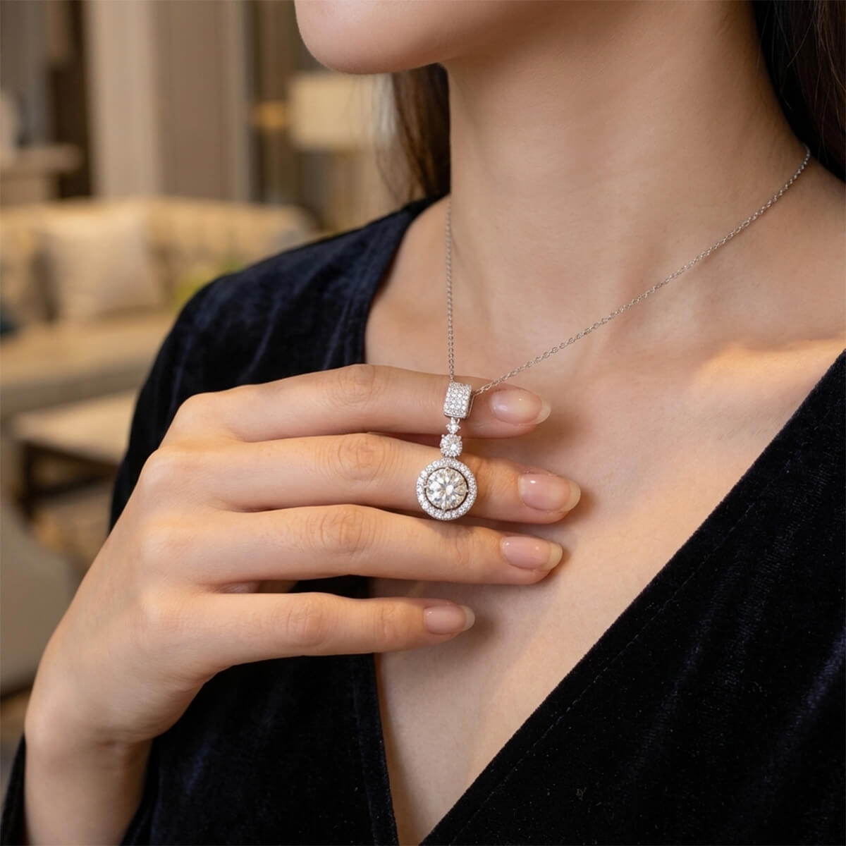 MARDAZA Triple Sparkle Round Cut Sterling Silver Moissanite Necklace