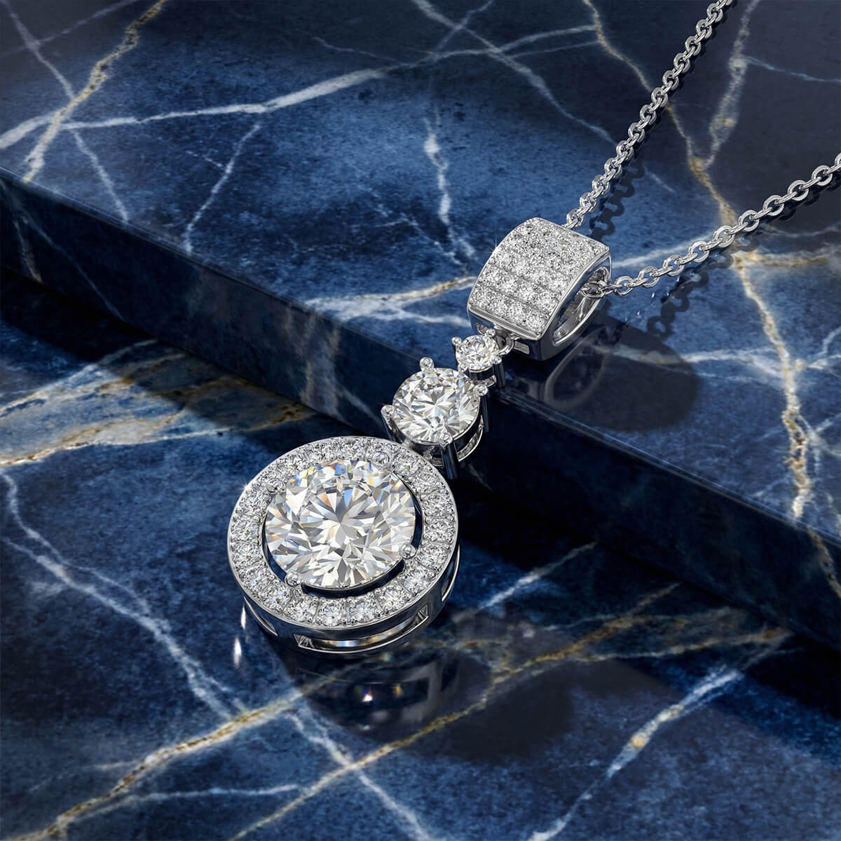 MARDAZA Triple Sparkle Round Cut Sterling Silver Moissanite Necklace