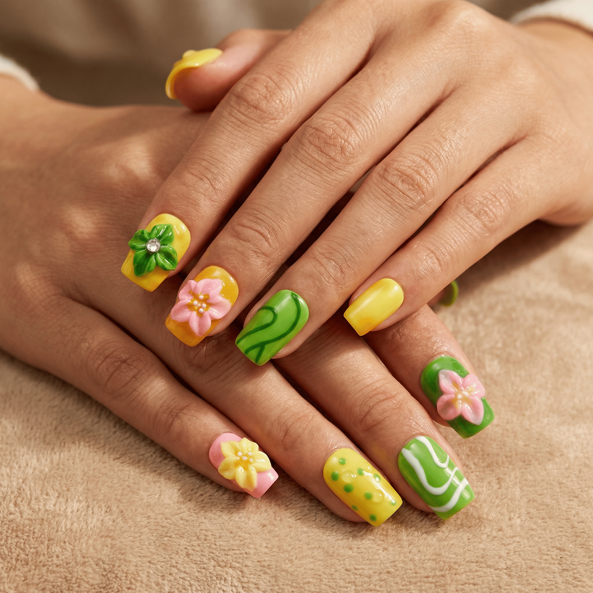 Hands wearing green yellow pink press-on nails with 3D floral accents and glossy finish