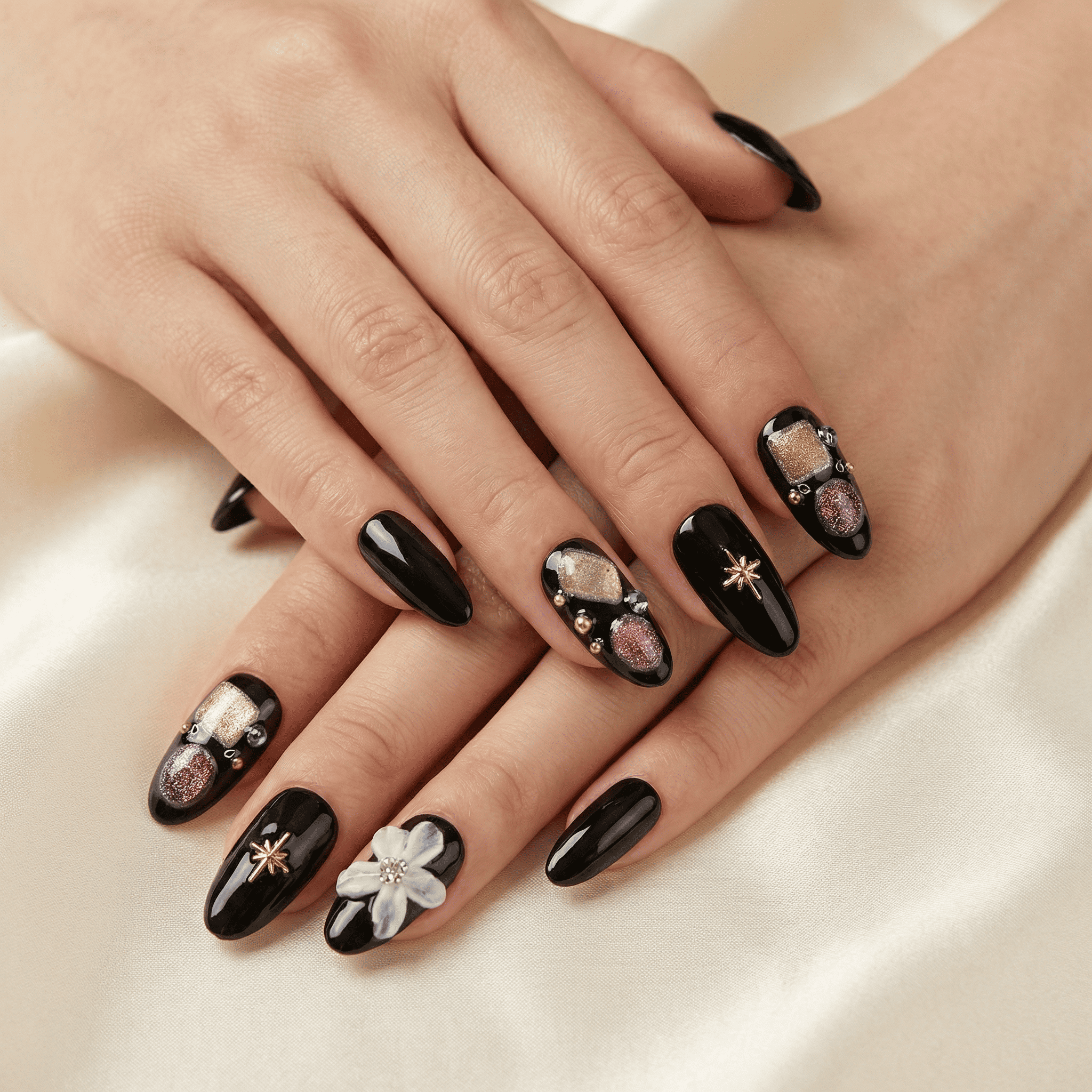 Model wearing glossy black press-on nails with silver bow accent and subtle star details, salon-style finish.