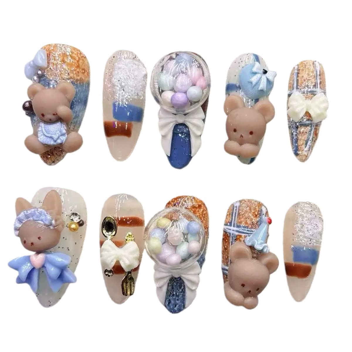 alt="Blue and nude 3D teddy bear and bunny press on nails with bows and candy balloon designs"