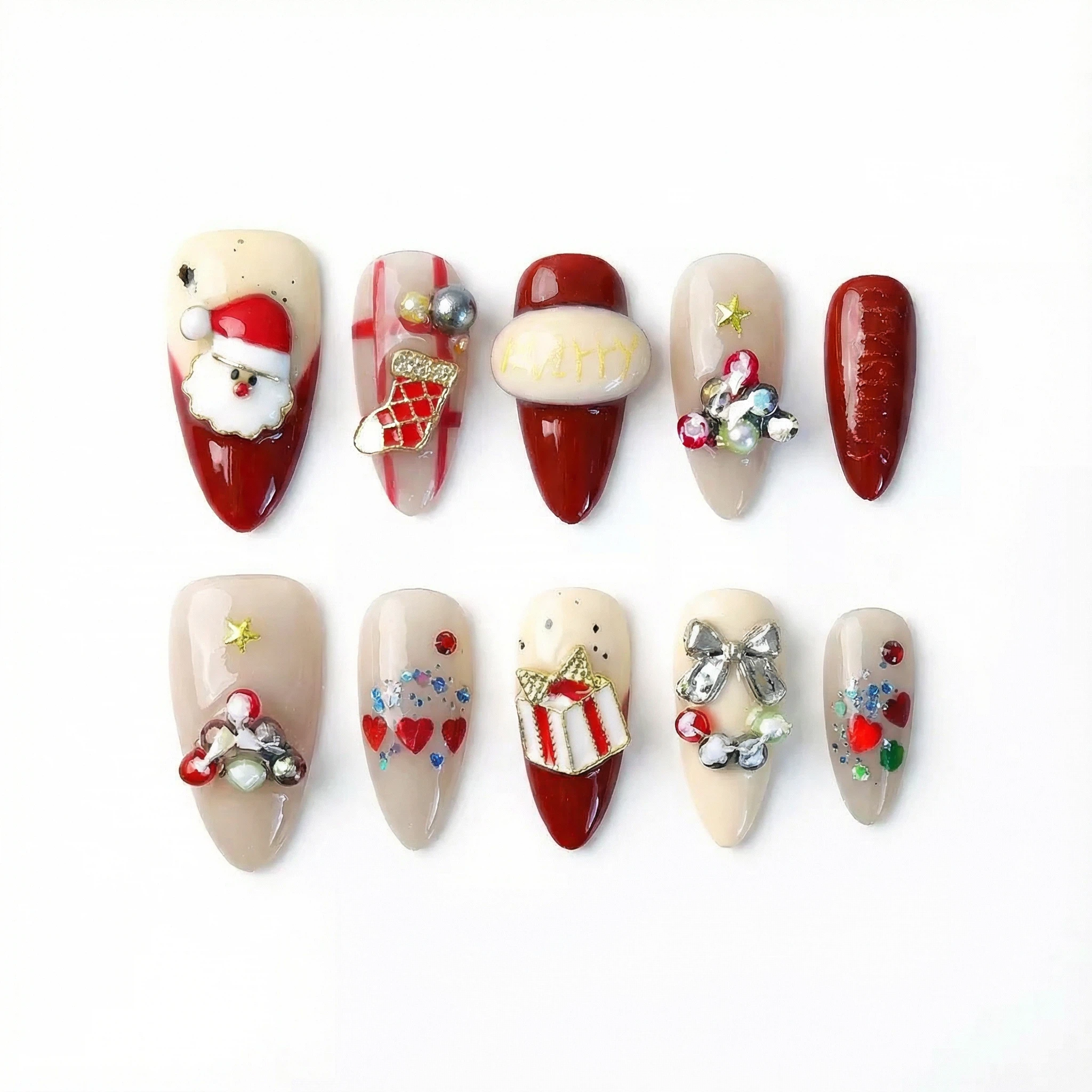Press-on nails size options XS S M L for Christmas themed red white nail set