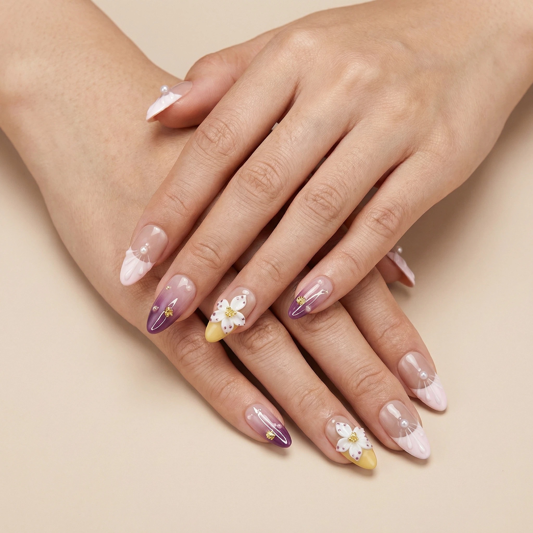 Hands wearing lilac purple gradient press-on nails with delicate flower and gold details