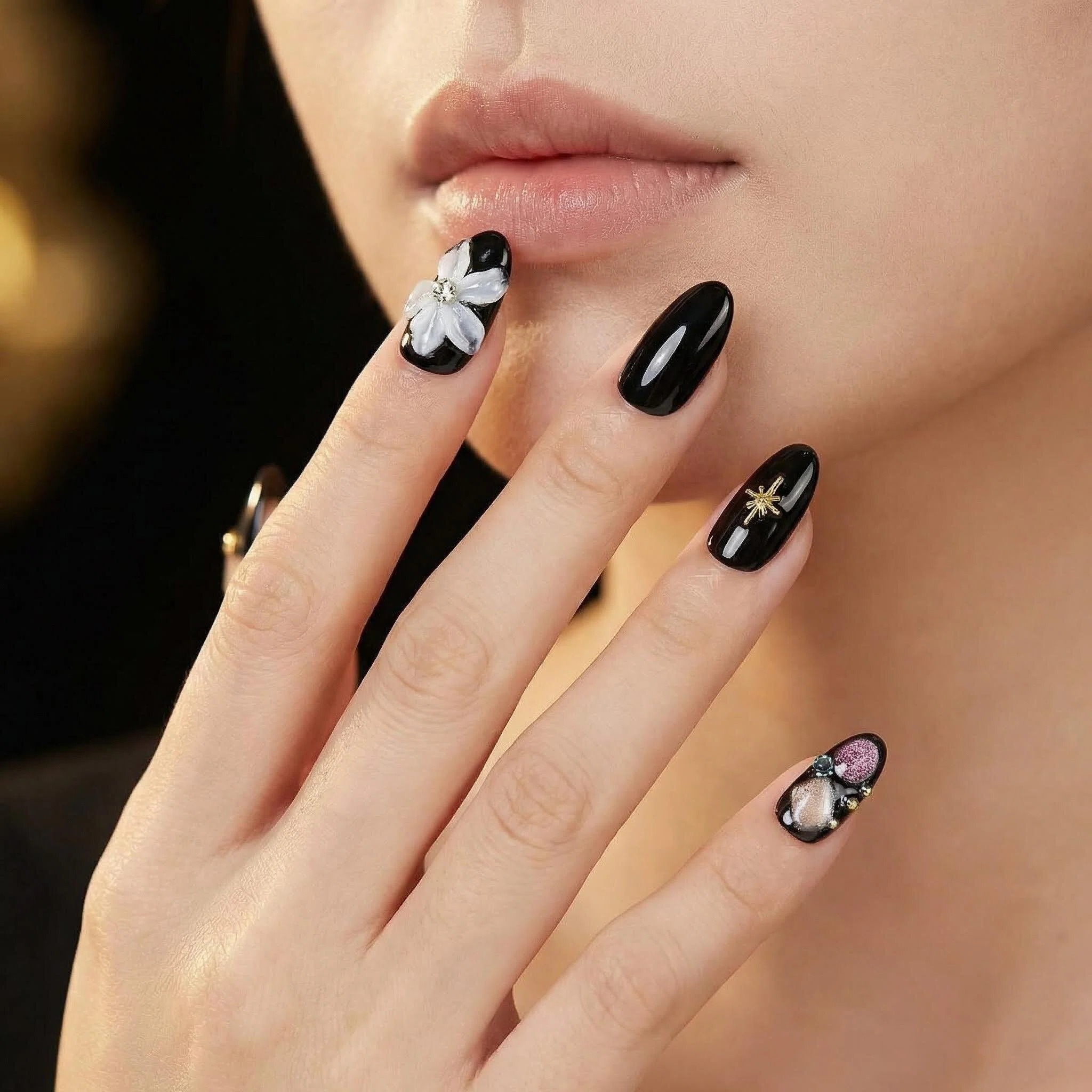 Close-up of glossy black press-on nails featuring a silver bow accent nail and minimalist star design.