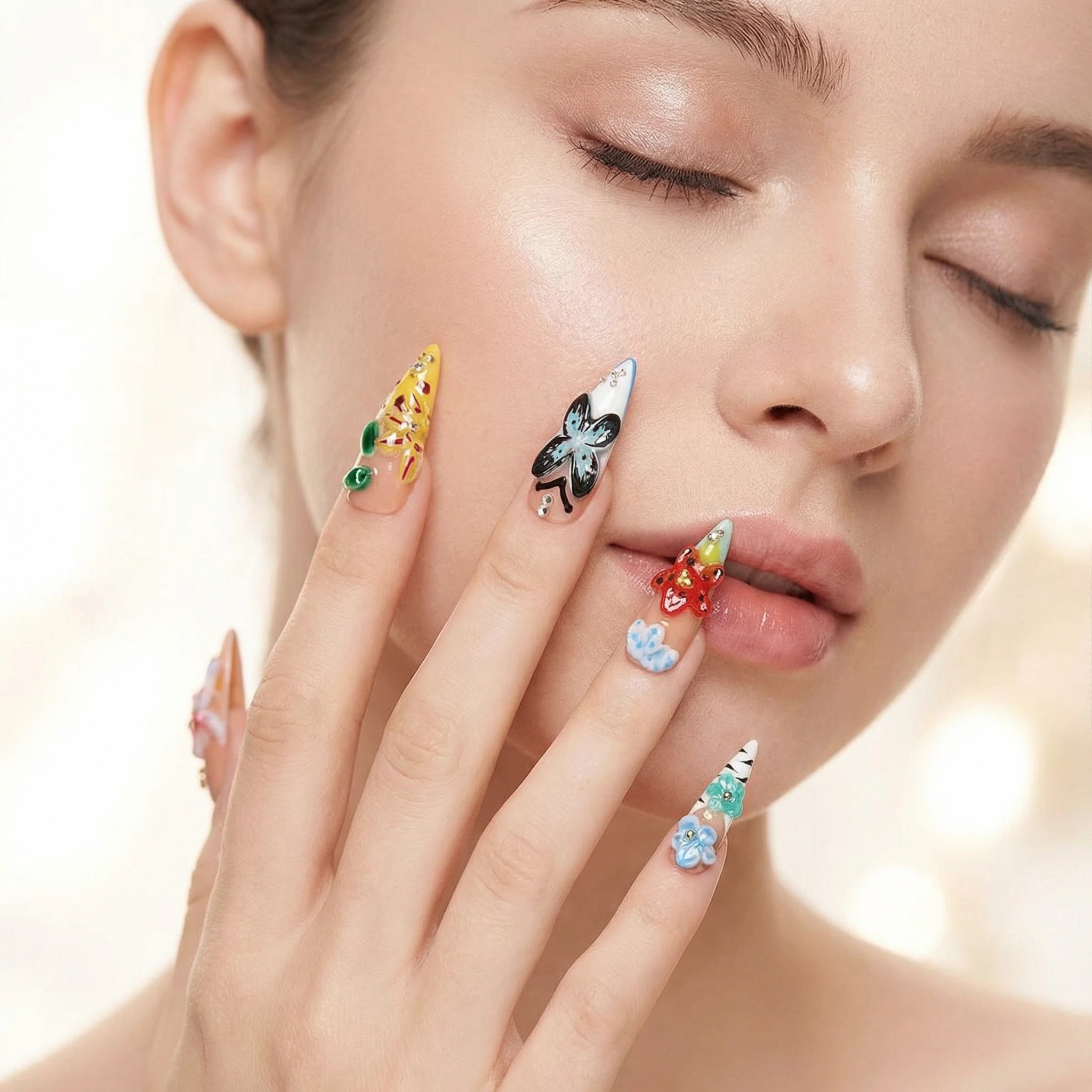 Wear shot 2： Model wearing vibrant butterfly floral press-on nails, long stiletto style, statement manicure