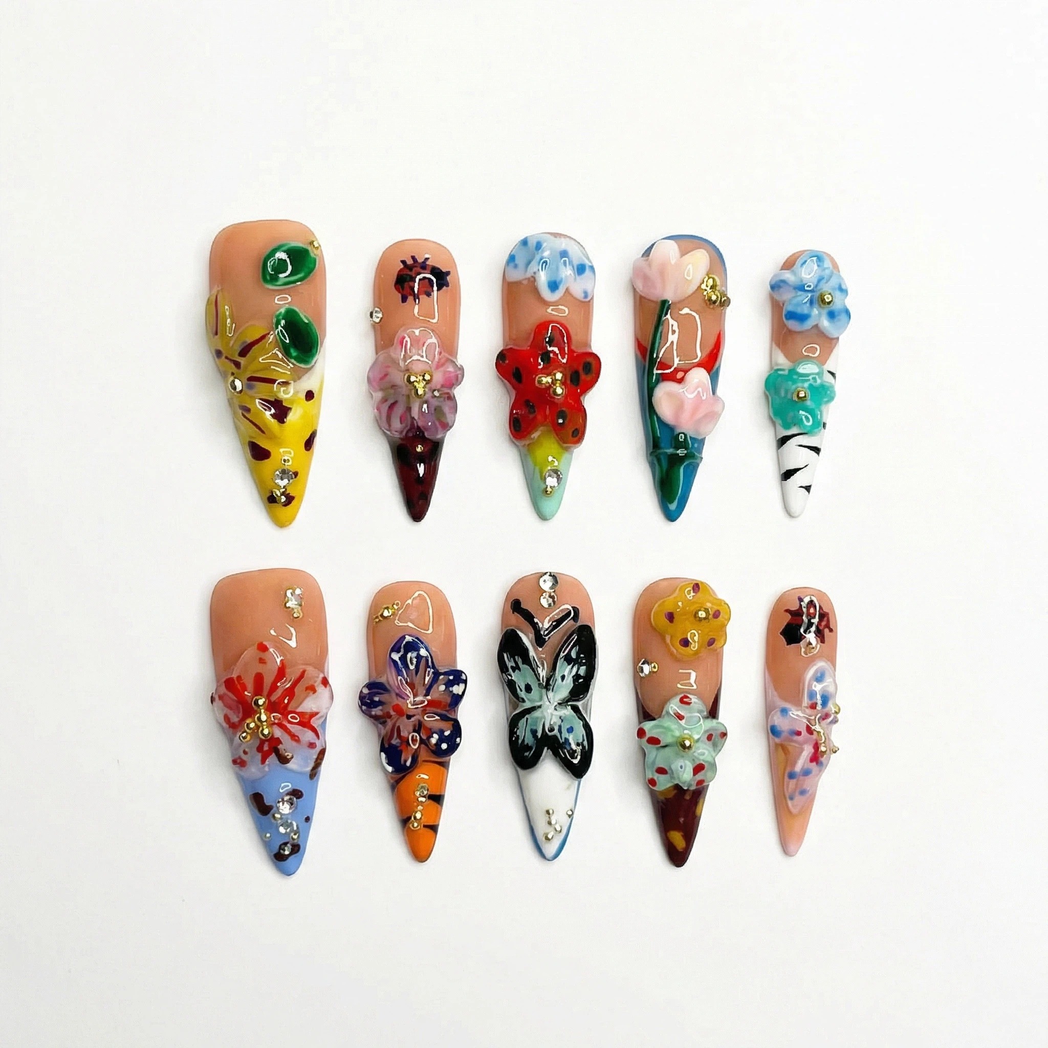 Size chart： Colorful butterfly floral press-on nails set size guide (S/M)