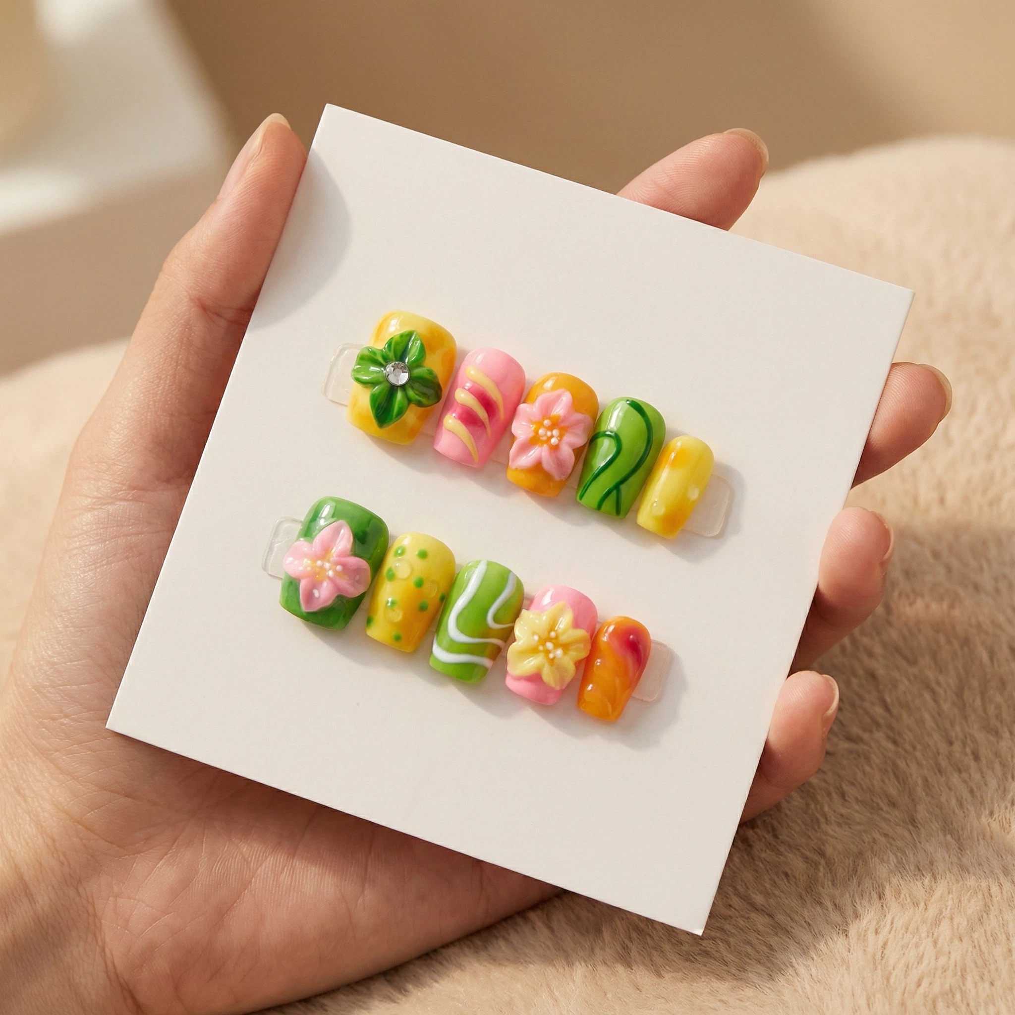 Press-on nail set with 3D flower details and wavy neon-style lines, bright playful design