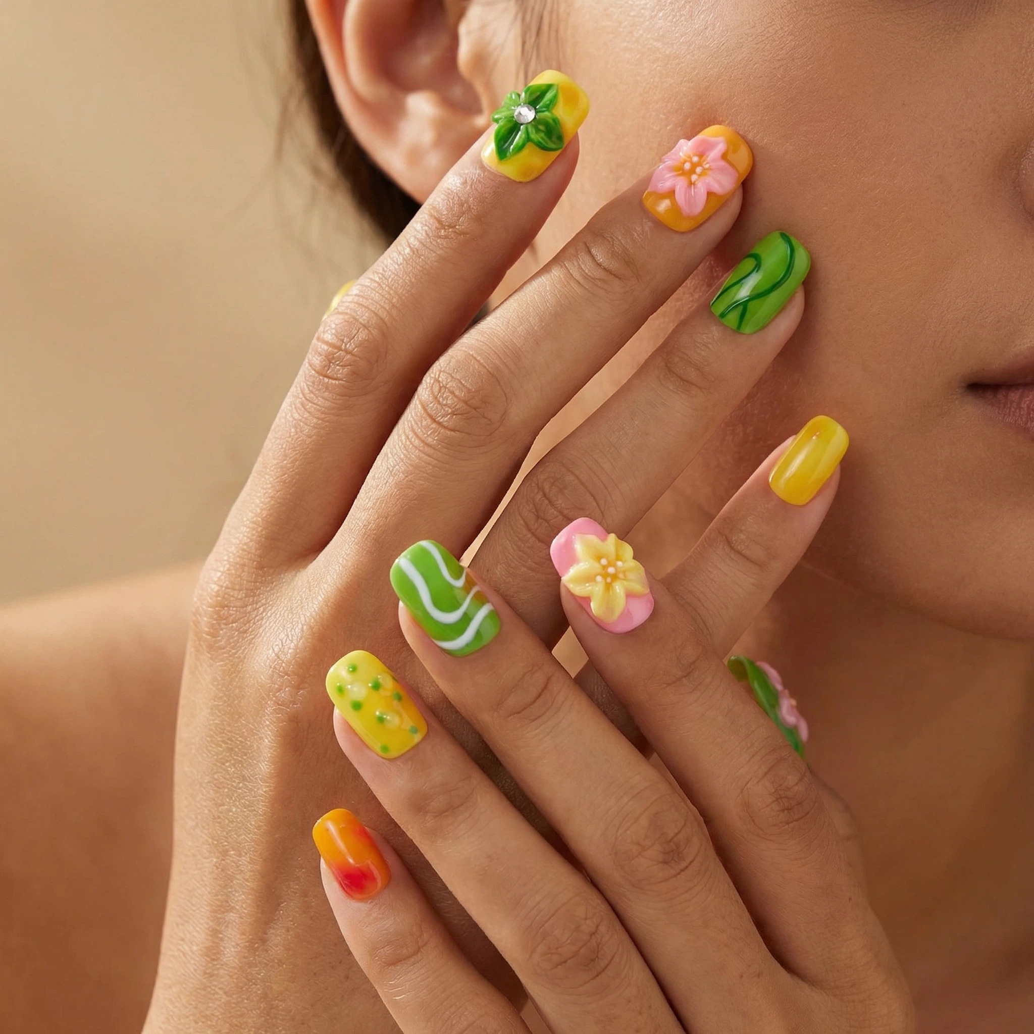Spring-inspired press-on nails in green and yellow with pink ombré and 3D flowers, cute manicure look
