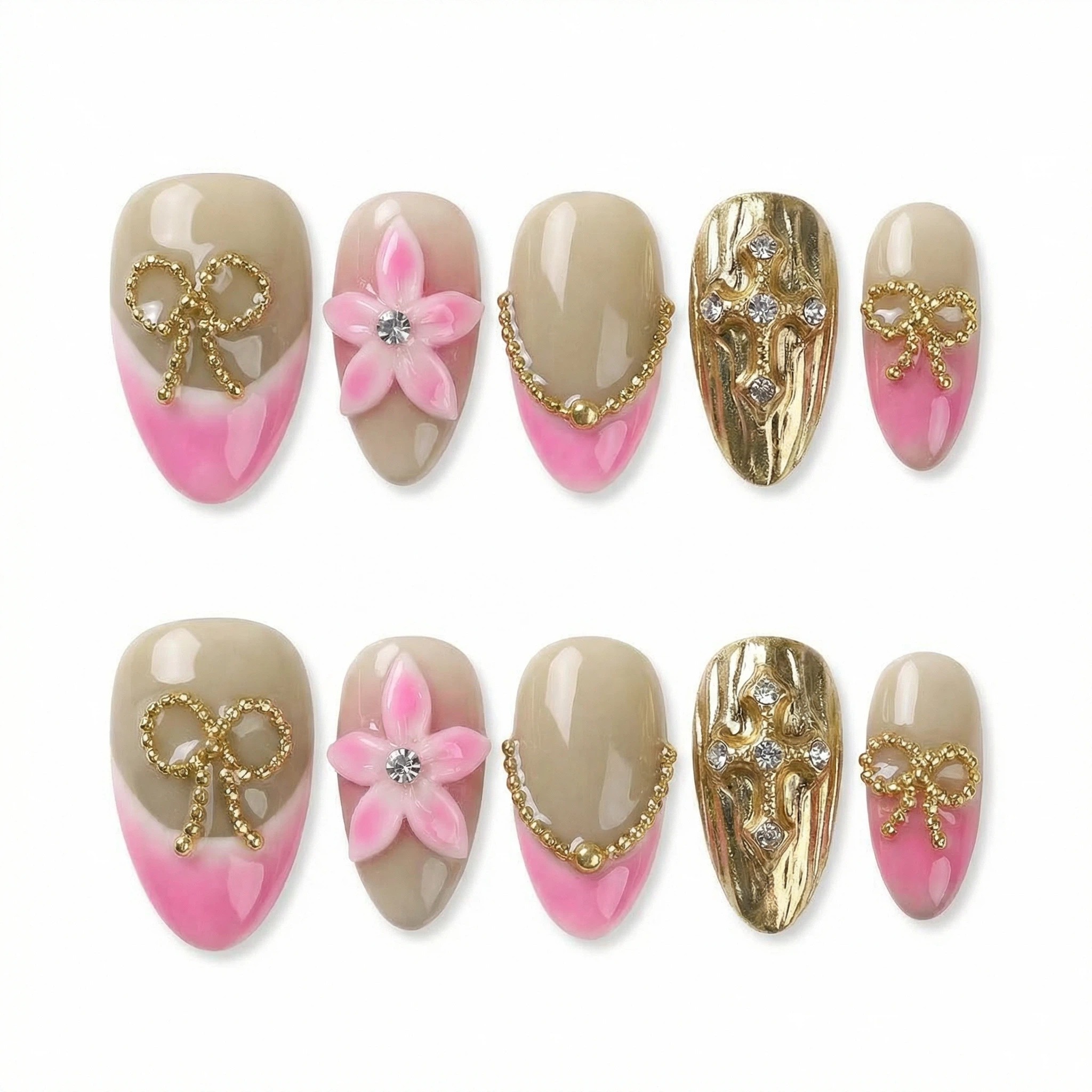 Size chart image of rose champagne pink French tip press-on nails (S/M)