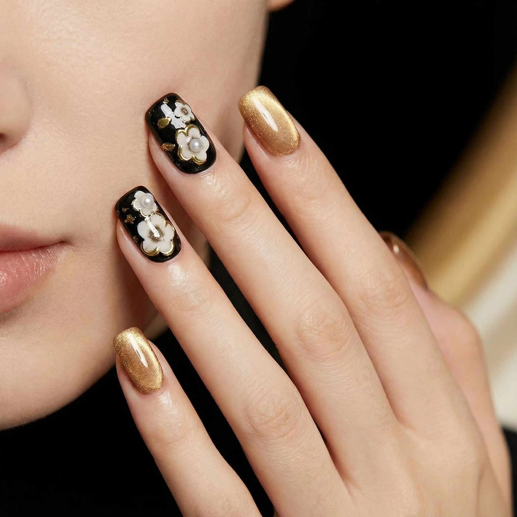 Model wearing black and gold press-on nails with delicate daisy accents