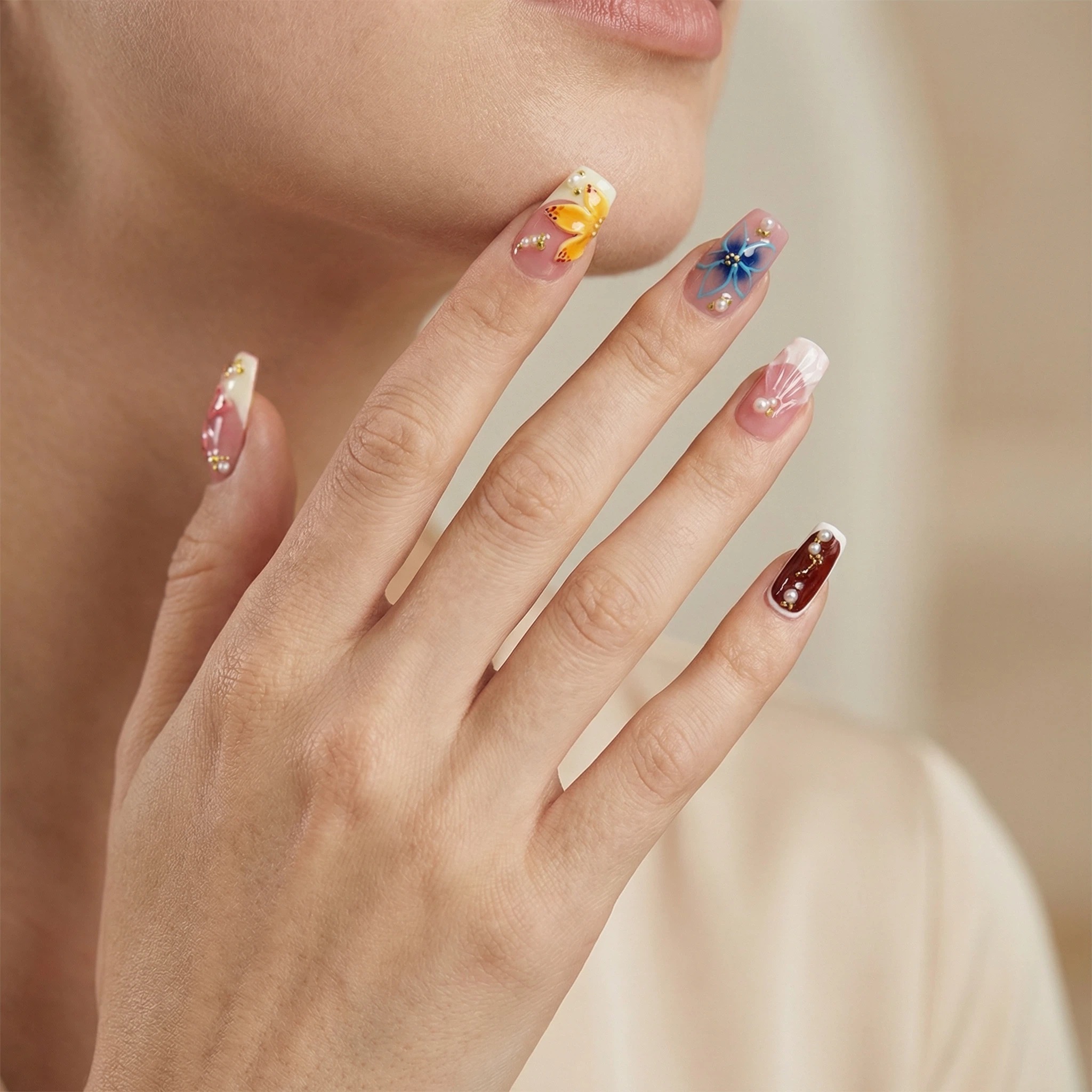Lifestyle photo of floral butterfly press-on nails on hands, soft nude pink spring manicure