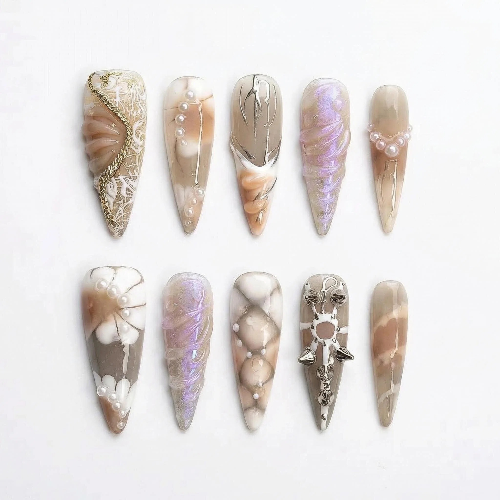 Champagne nude chrome press-on nails size options S and M, full set layout shown