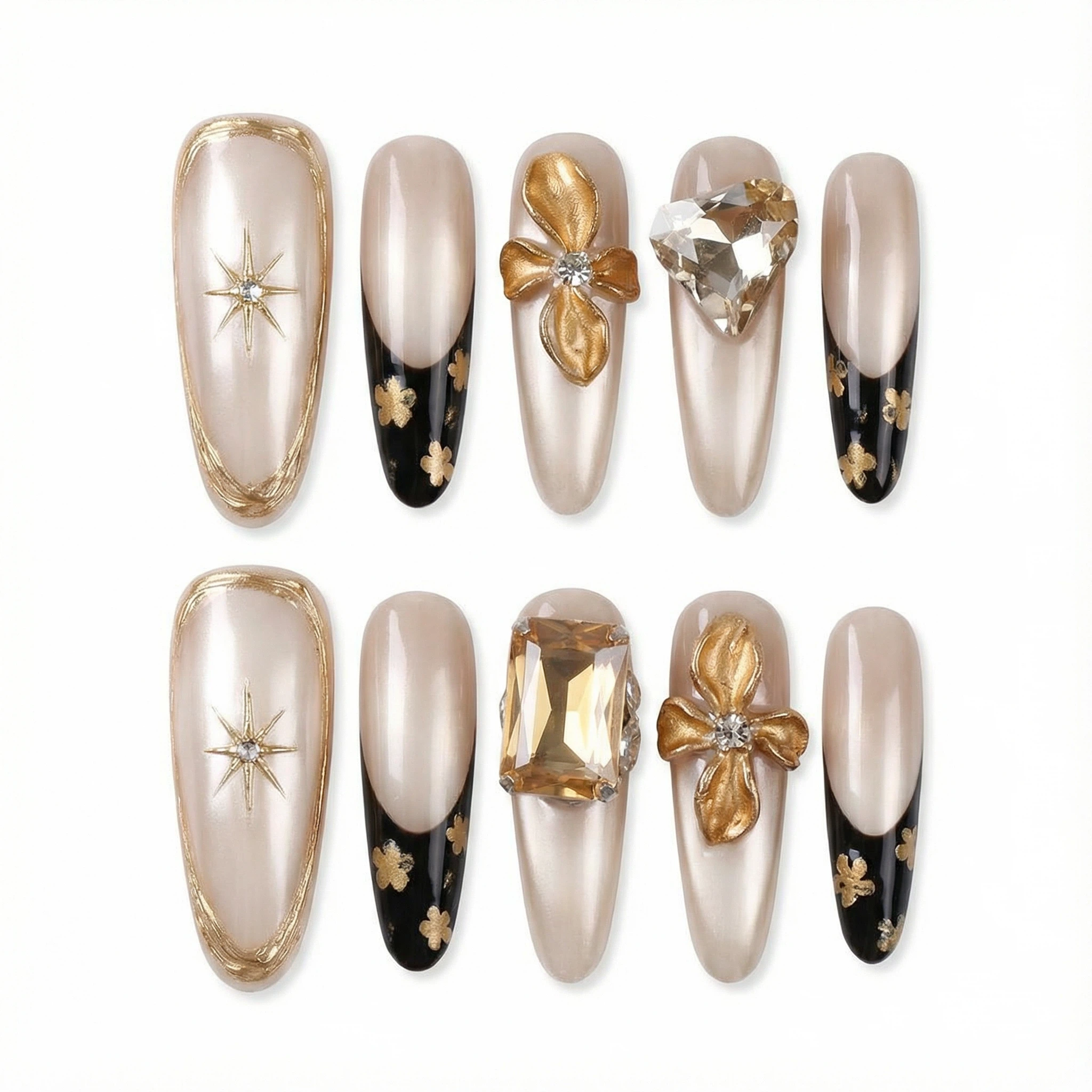 Press on nails set layout in gold and black, multiple sizes included, reusable tips