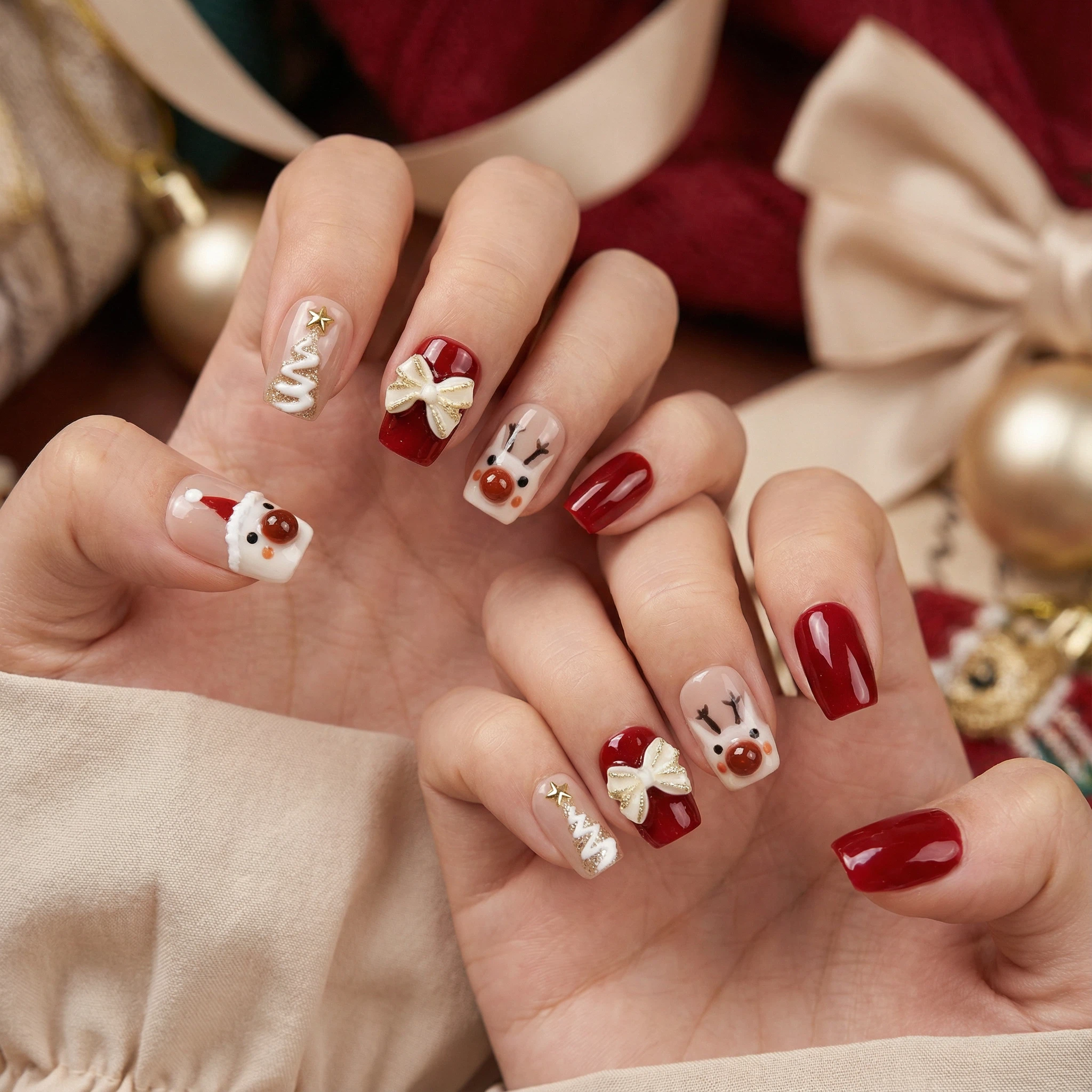 Cute Christmas press-on nail set worn on hands, red nude seasonal manicure
