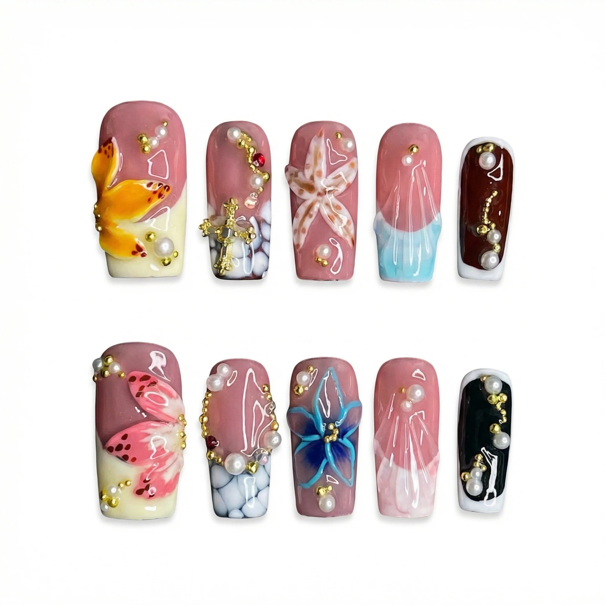 Press-on nail set size chart showing S and M options for nude pink floral butterfly nails