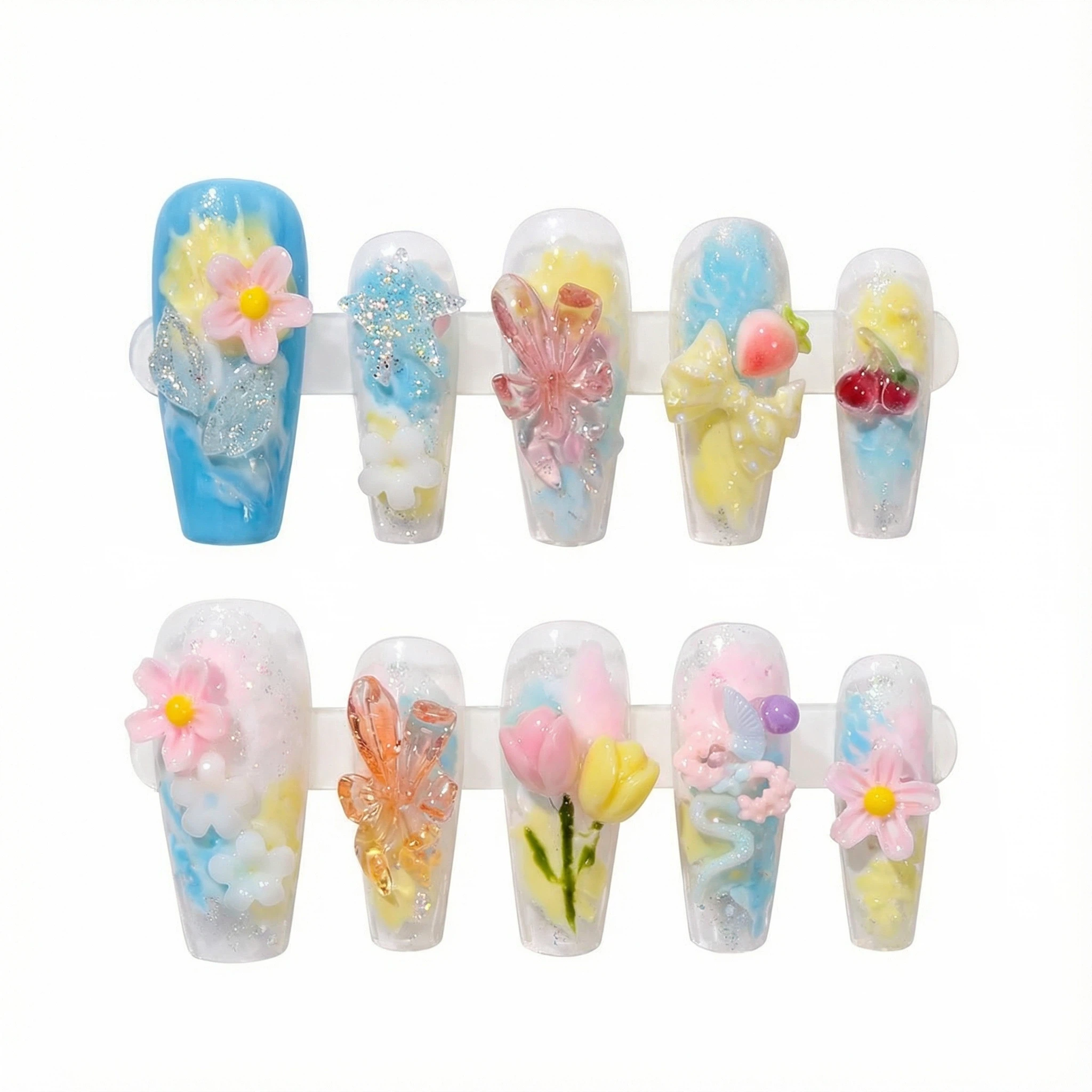 Cute handmade floral false nails for women in dreamy spring summer style