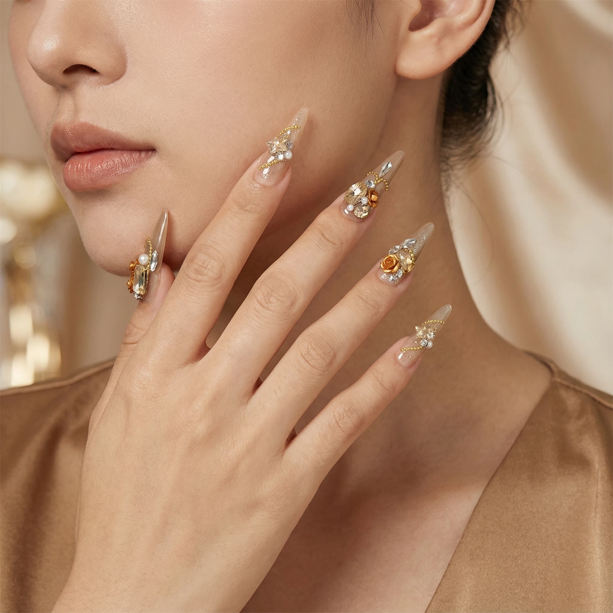 Luxury nude stiletto press on nails with amber crystal and gold-tone accents, salon look at home