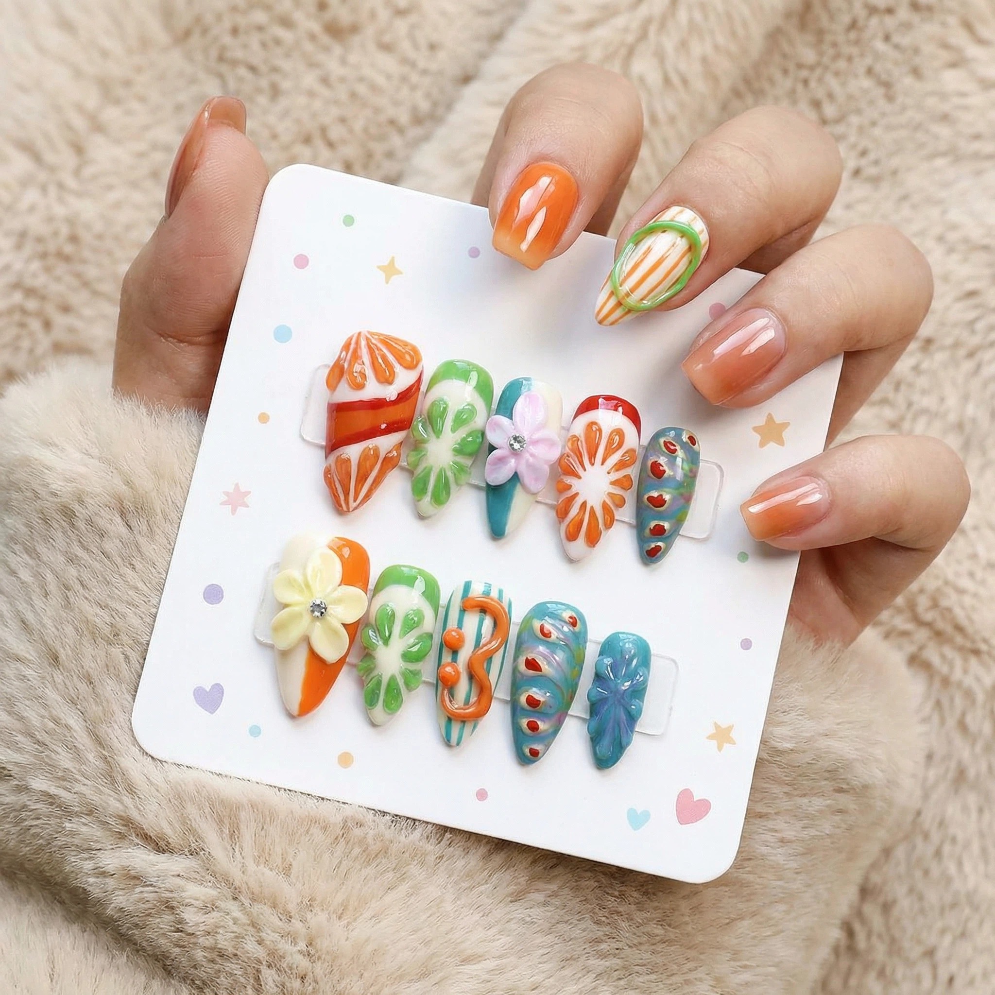 Citrus fruit and floral press-on nails set on display card, summer vacation nail art