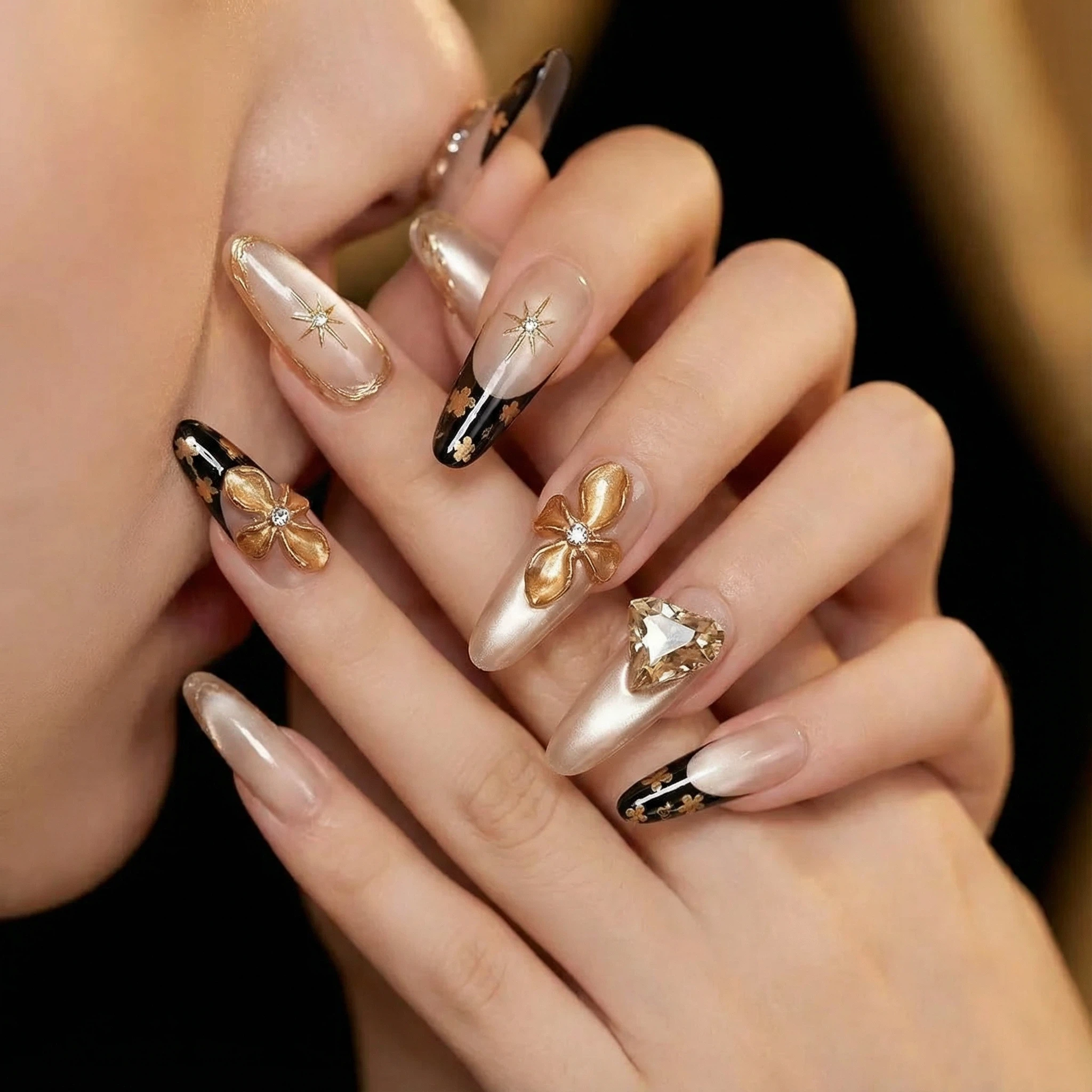 Champagne nude press on nails with metallic gold and crystal details, reusable nail set