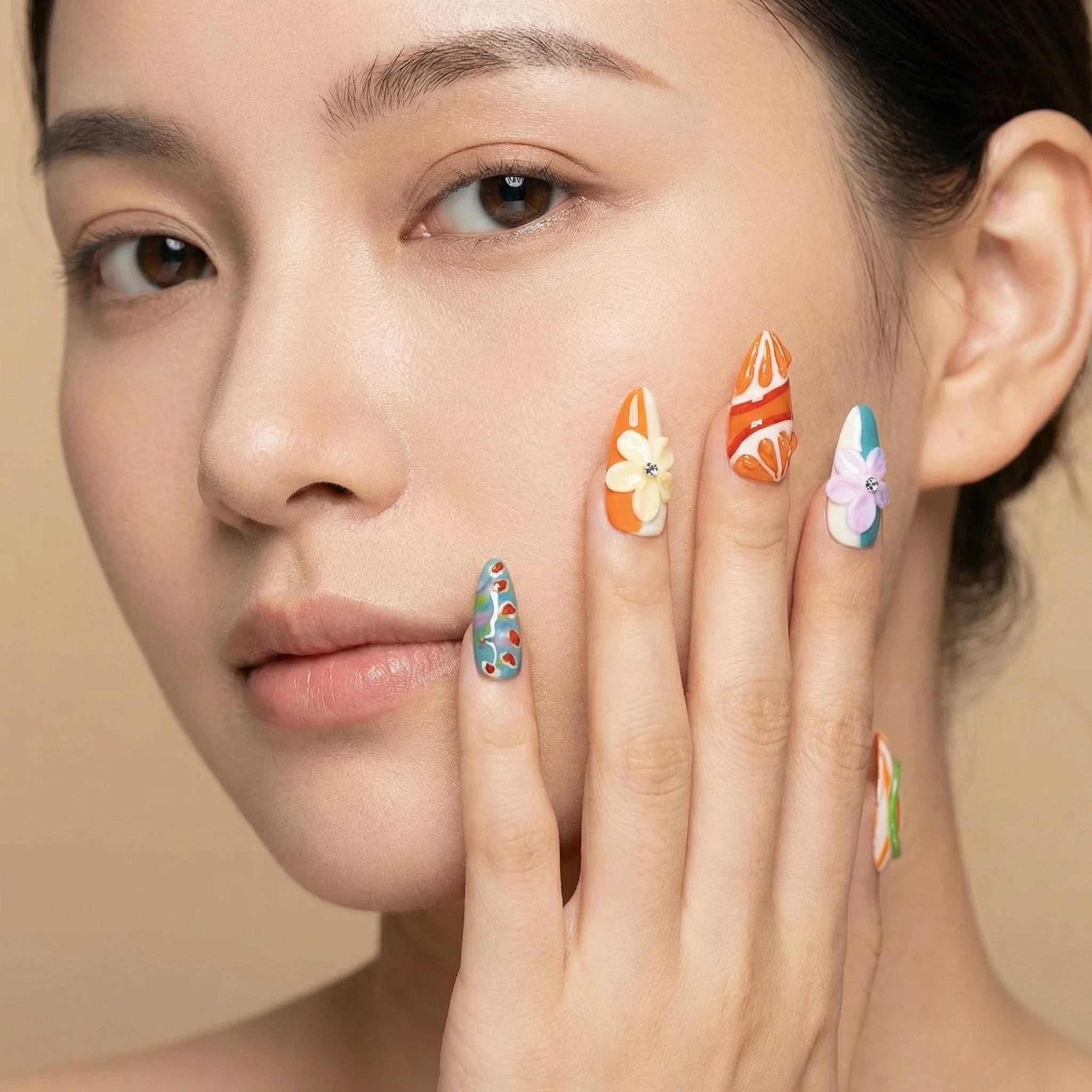 Close-up of citrus themed press-on nails with orange slices and flowers, glossy finish